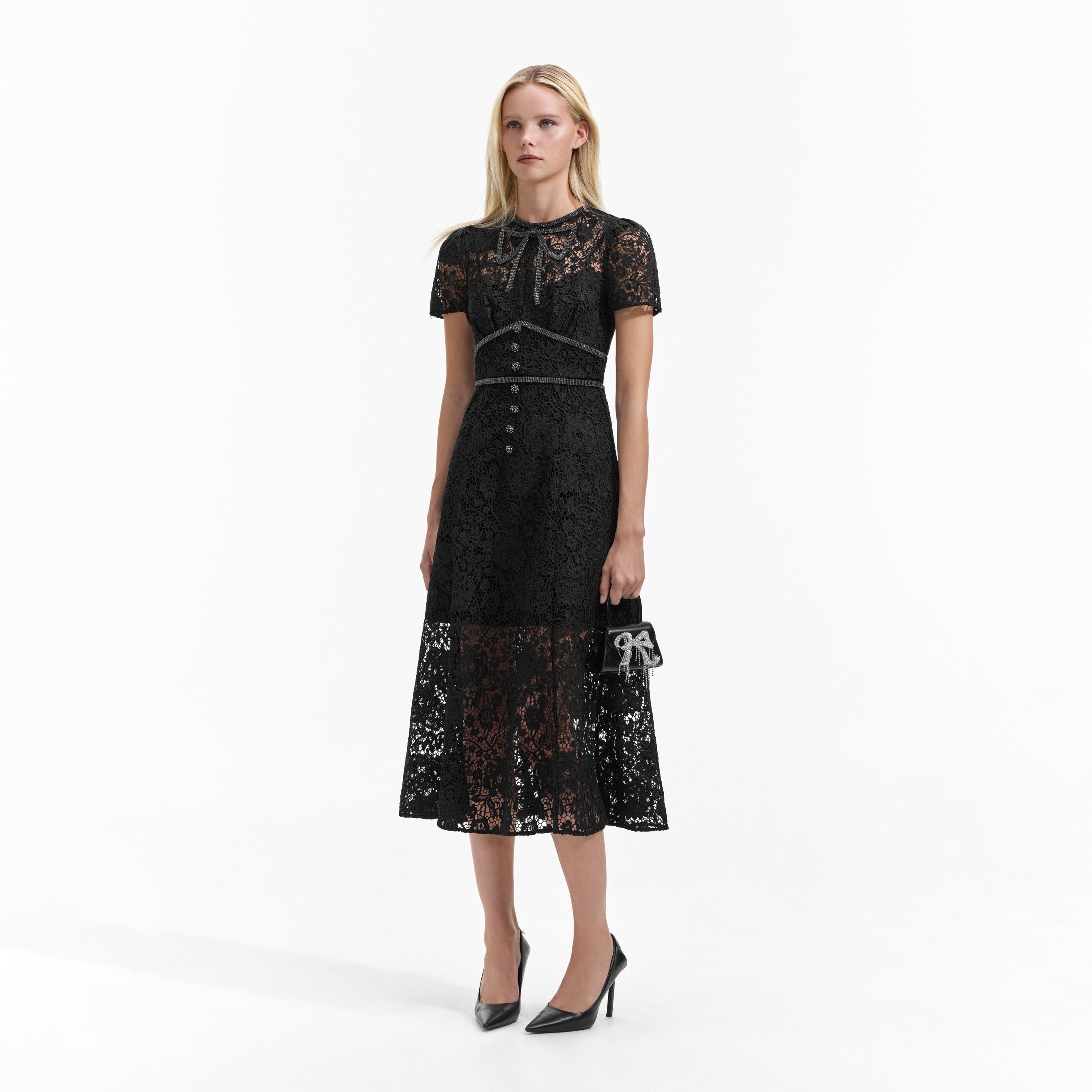 Black Cord Lace Bow Midi Dress