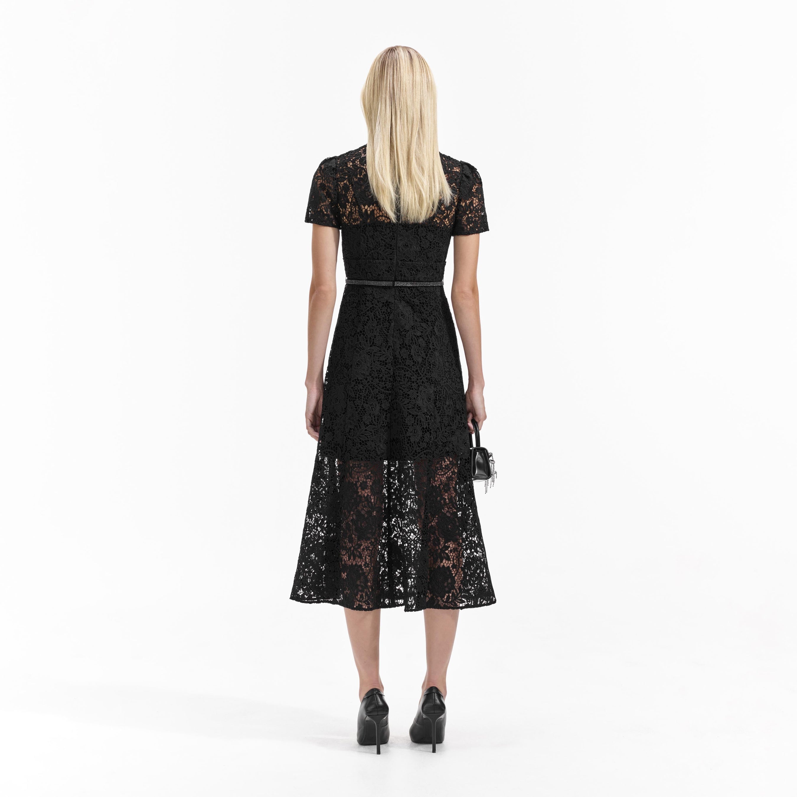 Black Cord Lace Bow Midi Dress