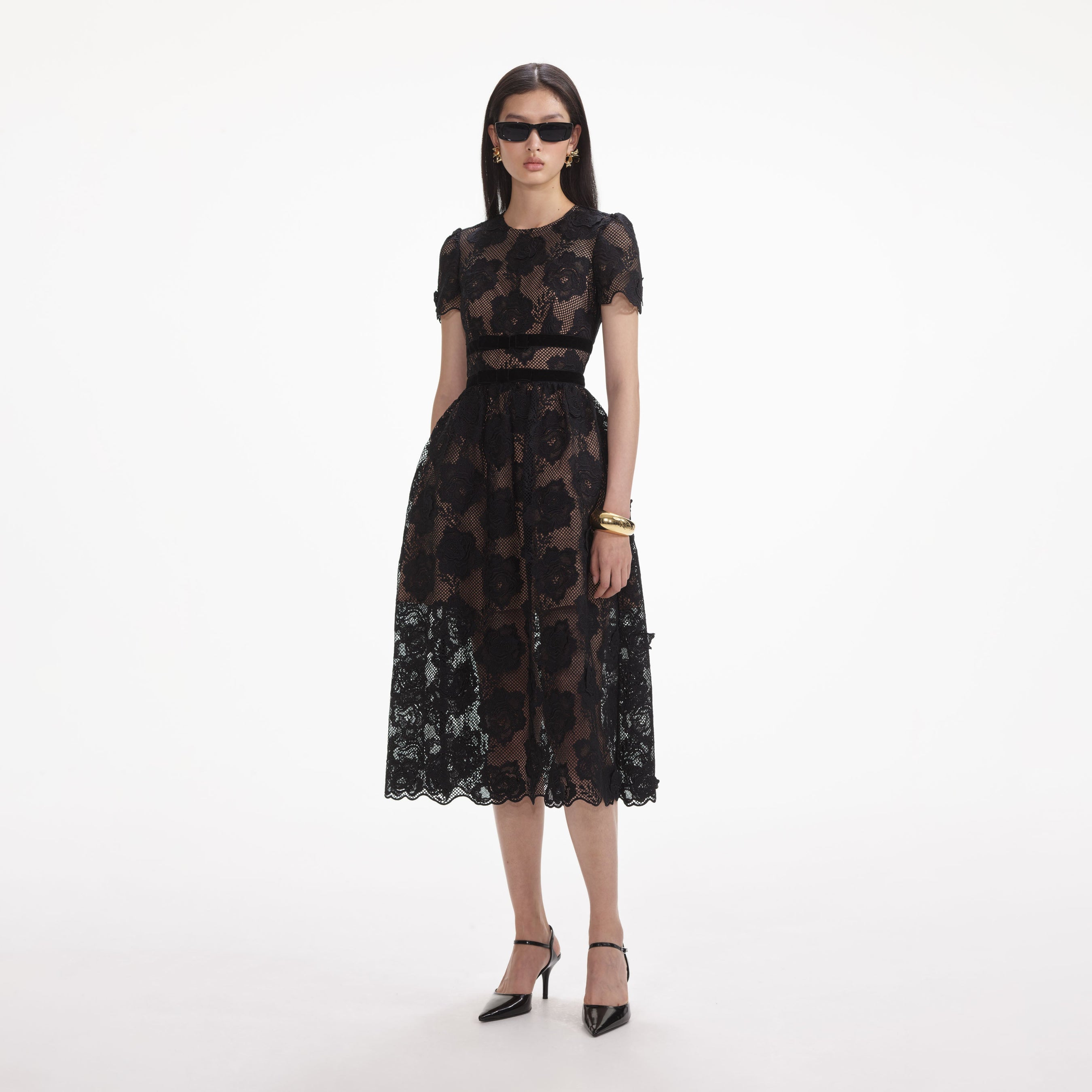 Black Lace Velvet Bow Midi Dress