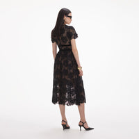 Black Lace Velvet Bow Midi Dress