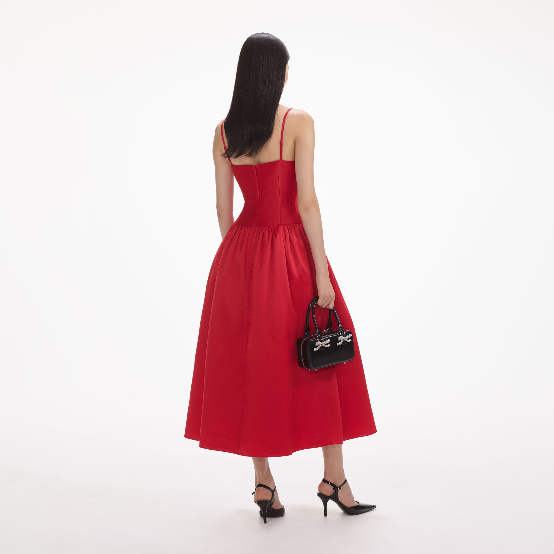 Back view of a woman wearing the White Red Taffeta Midi Dress