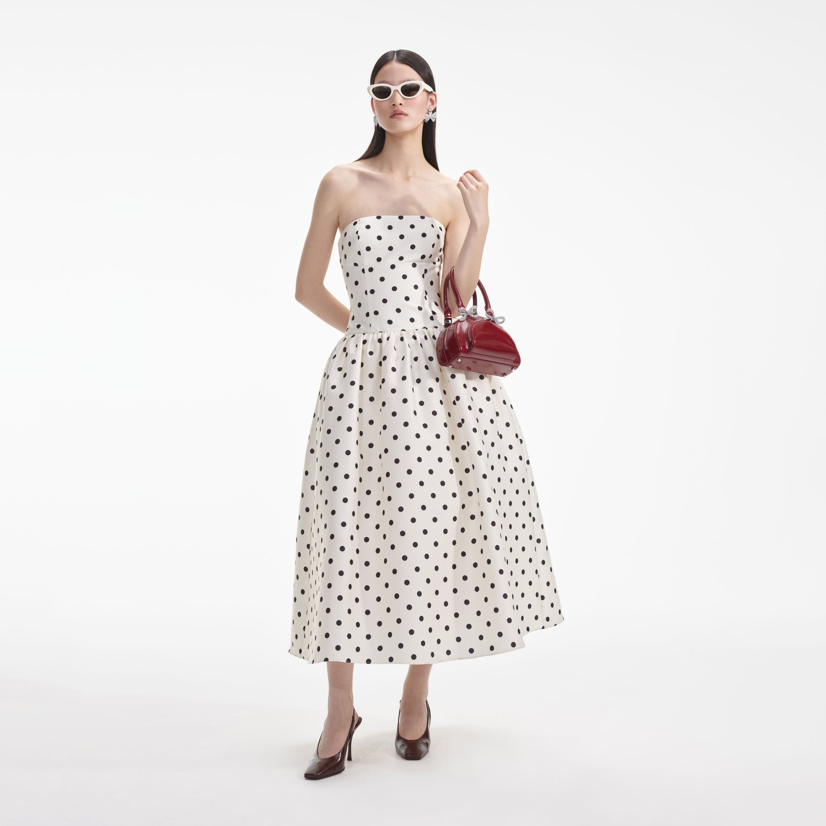 Cream Polka Dot Taffeta Midi Dress