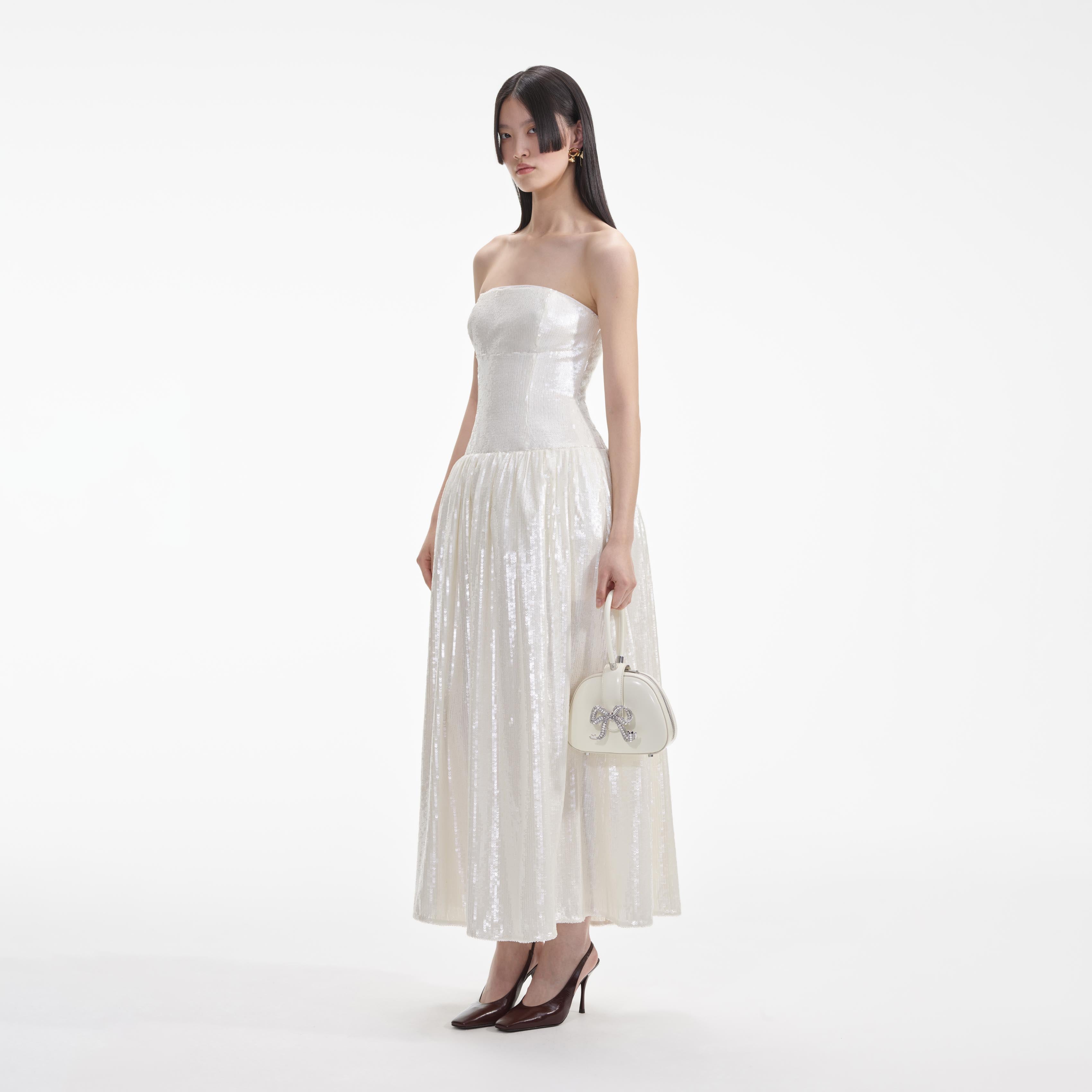 Cream Sequin Bandeau Midi Dress