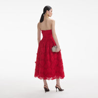 Red Bandeau Lace Midi Dress