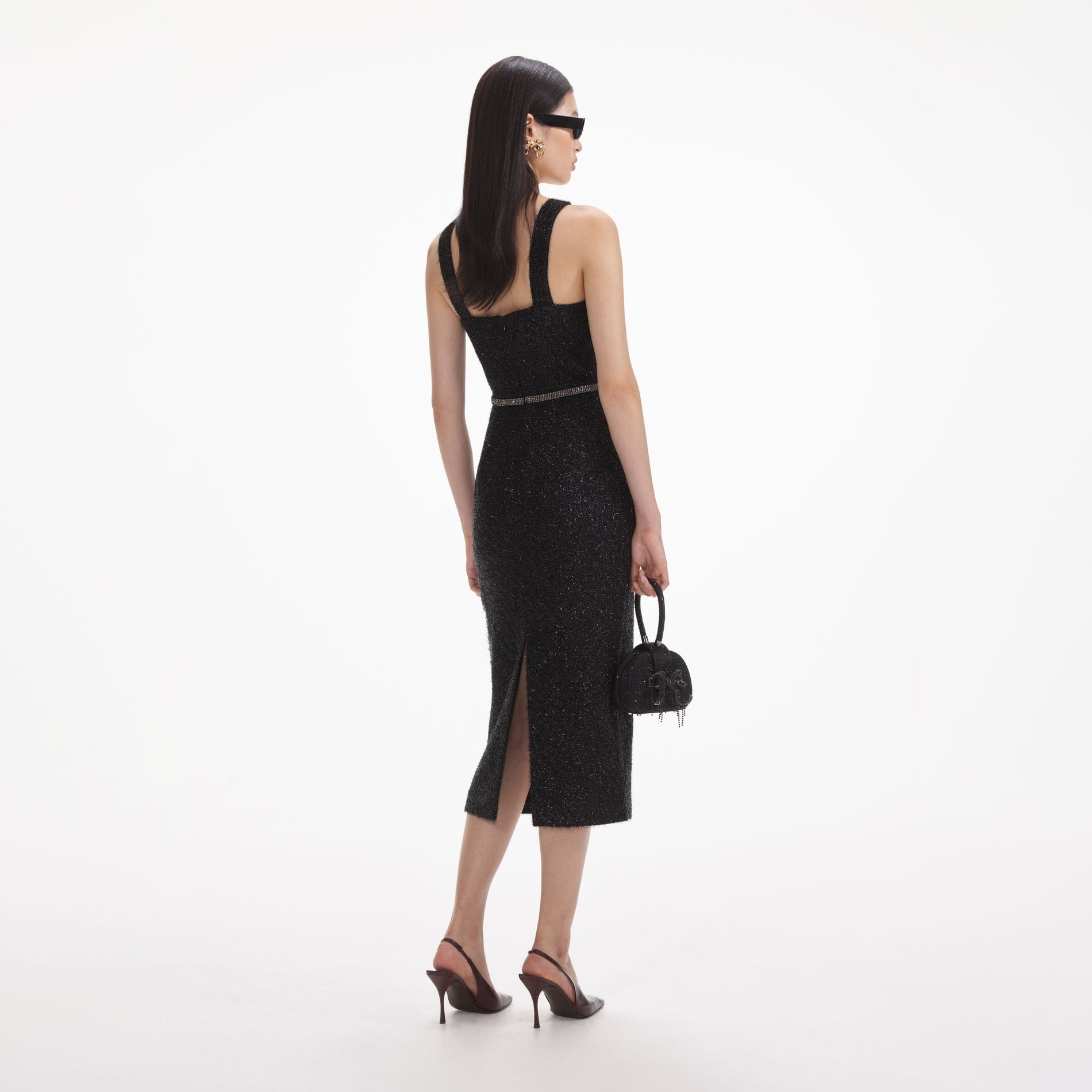 Back view of a woman wearing the White Black Tinsel Boucle Midi Dress