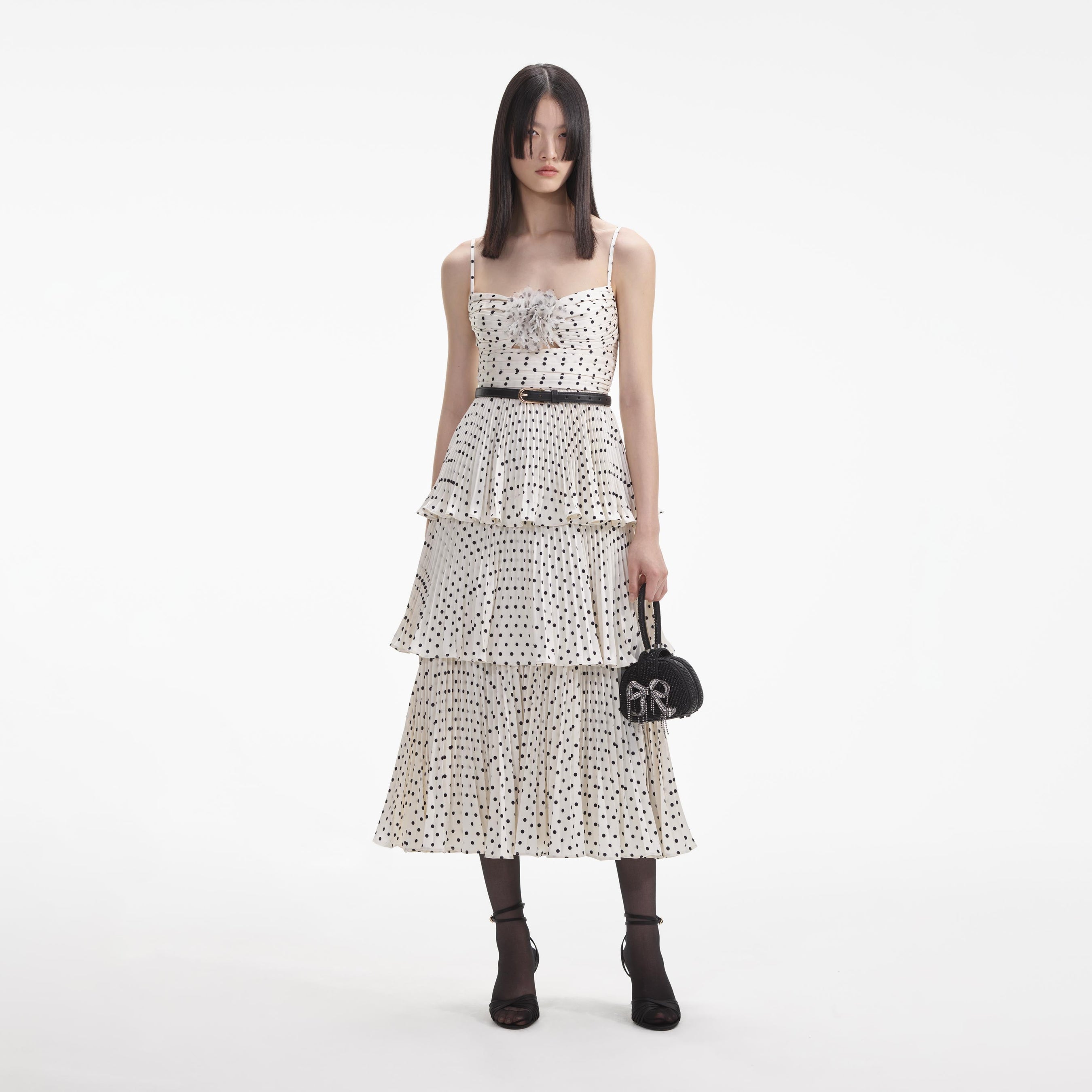 Cream Polka Dot Tiered Midi Dress