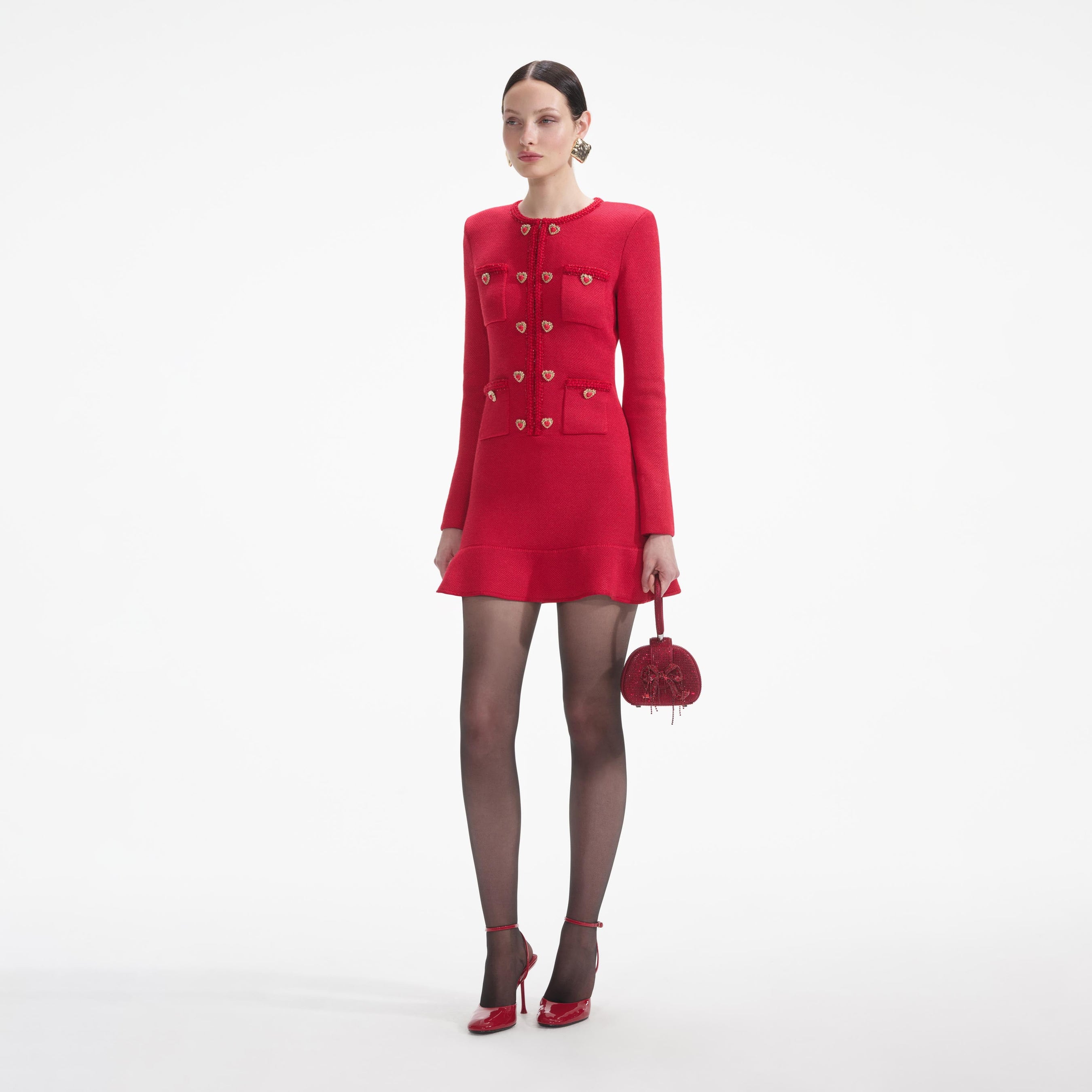 Red Knit Heart Buttoned Mini Dress