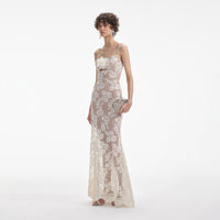 Cream Rhinestone Lace Maxi Dress