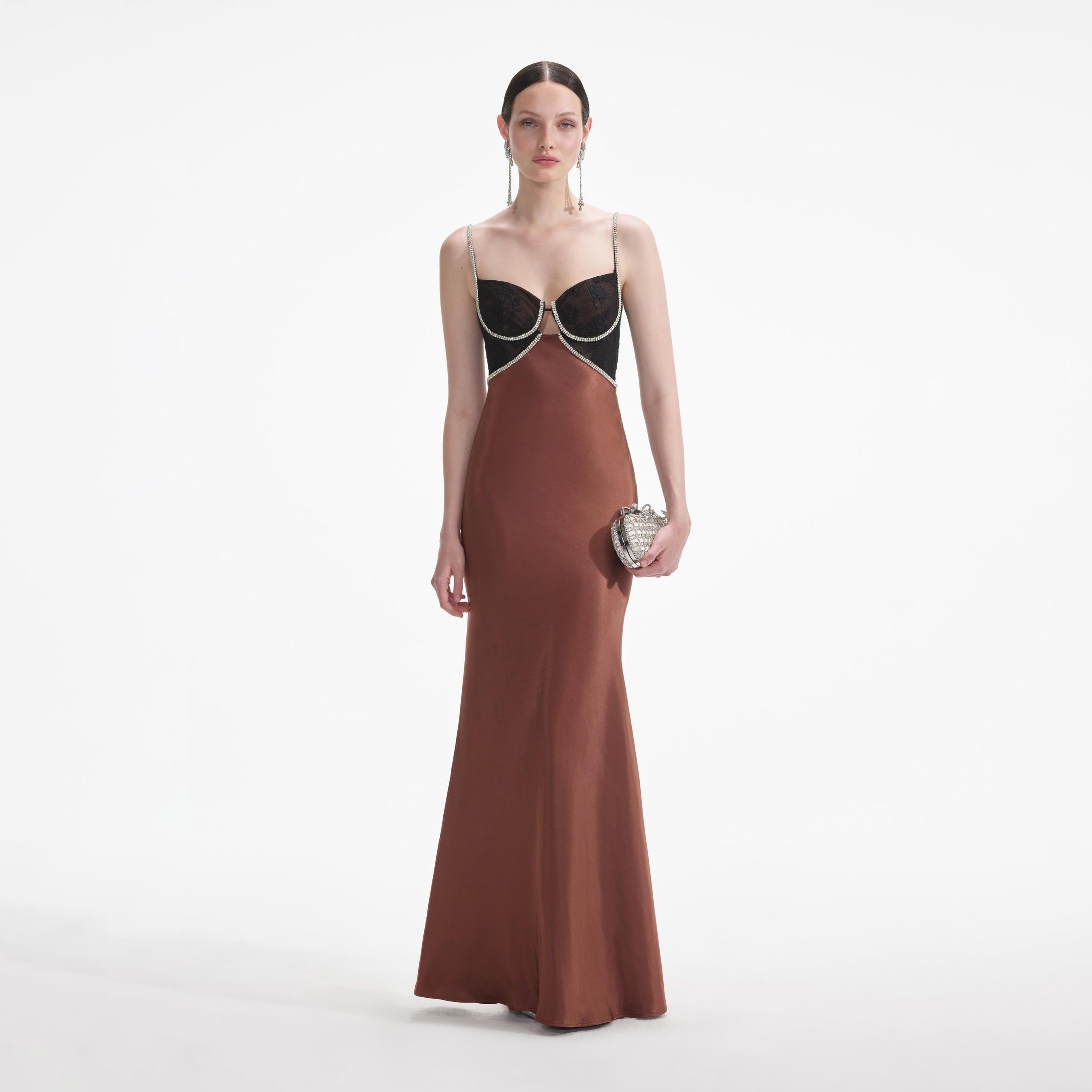 Brown Satin Diamante Maxi Dress