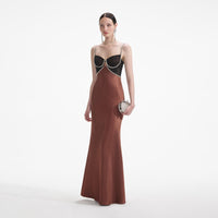 Brown Satin Diamante Maxi Dress