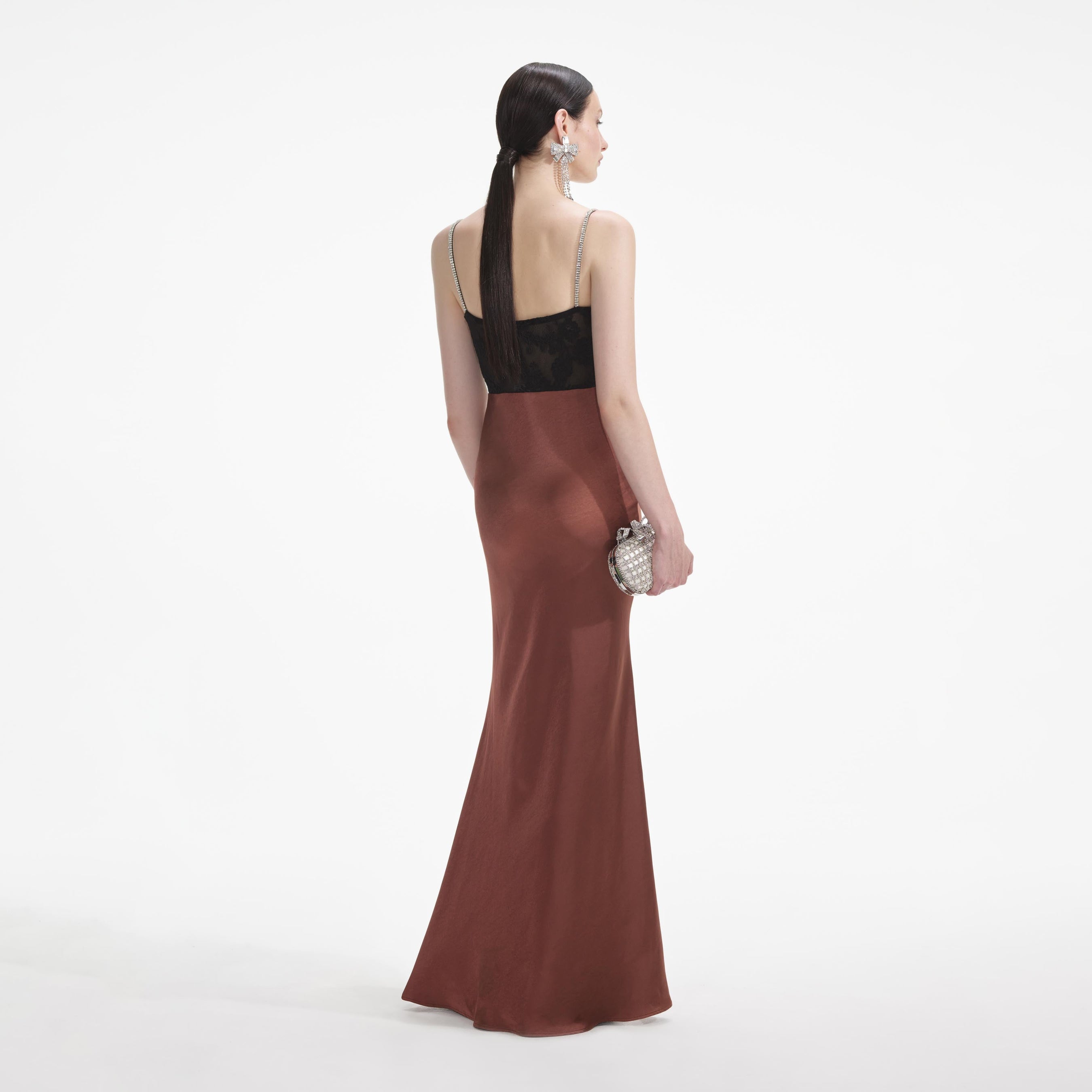 Brown Satin Diamante Maxi Dress