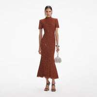 Brown Square Rhinestone Mesh Midi Dress