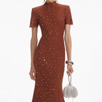 Brown Square Rhinestone Mesh Midi Dress