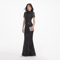 Black Square Rhinestone Mesh Maxi Dress