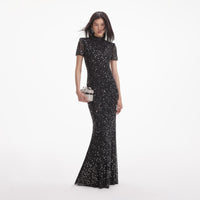 Black Square Rhinestone Mesh Maxi Dress