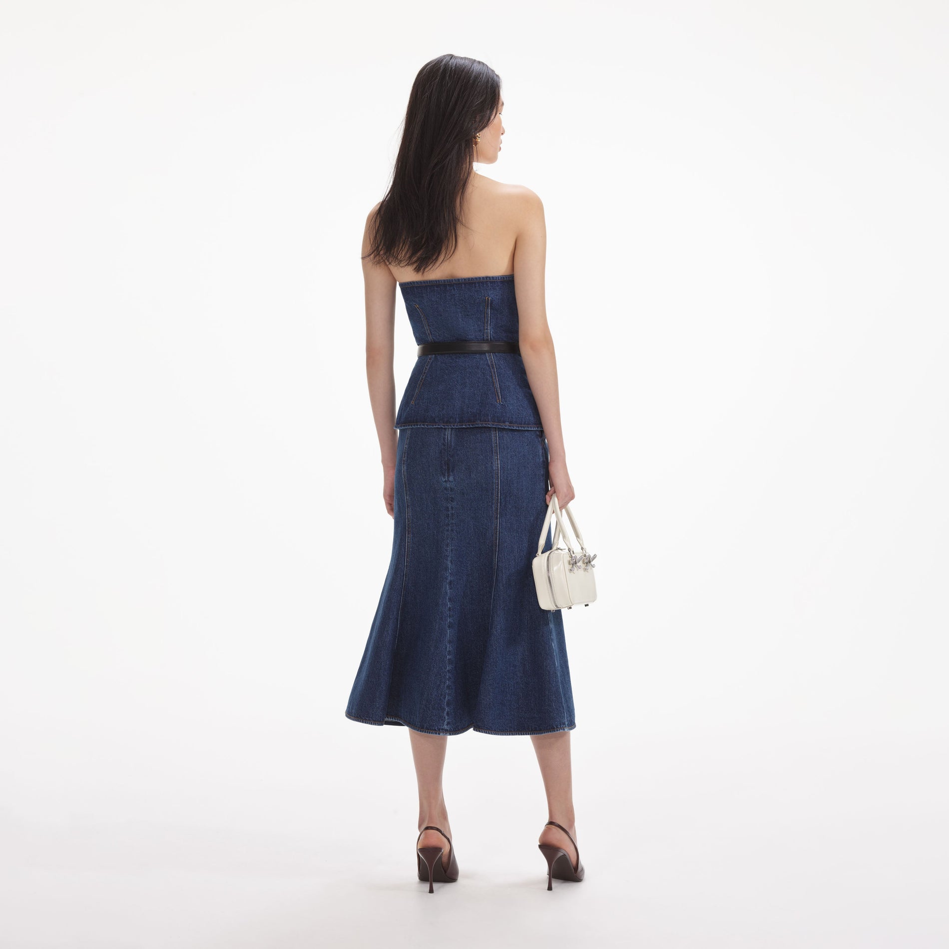 Back view of a woman wearing the White Denim Bandeau Midi Dress