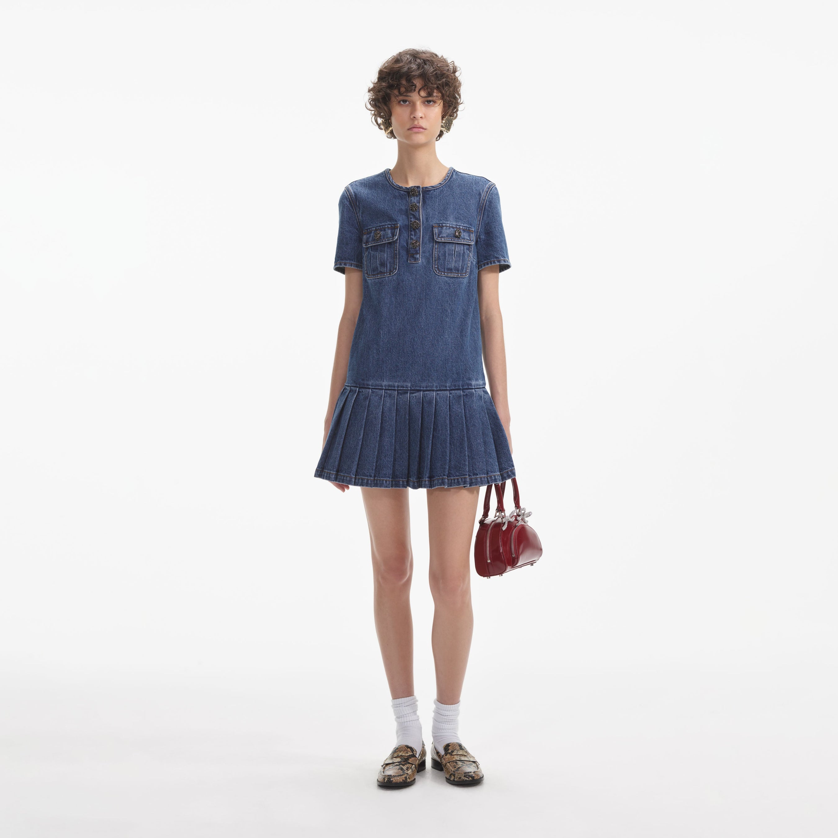 Pleated Denim Mini Dress