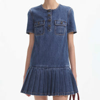 Pleated Denim Mini Dress