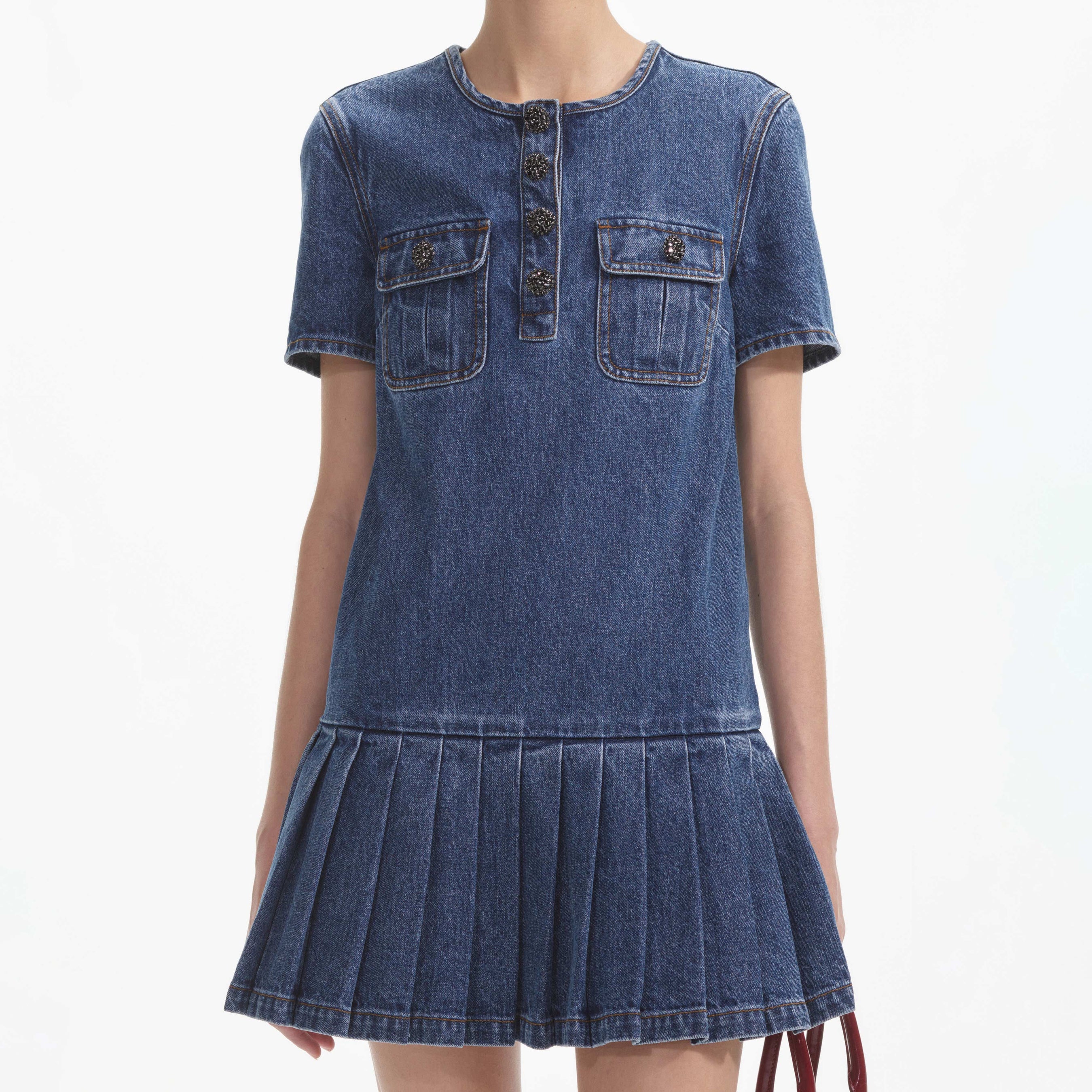 Pleated Denim Mini Dress