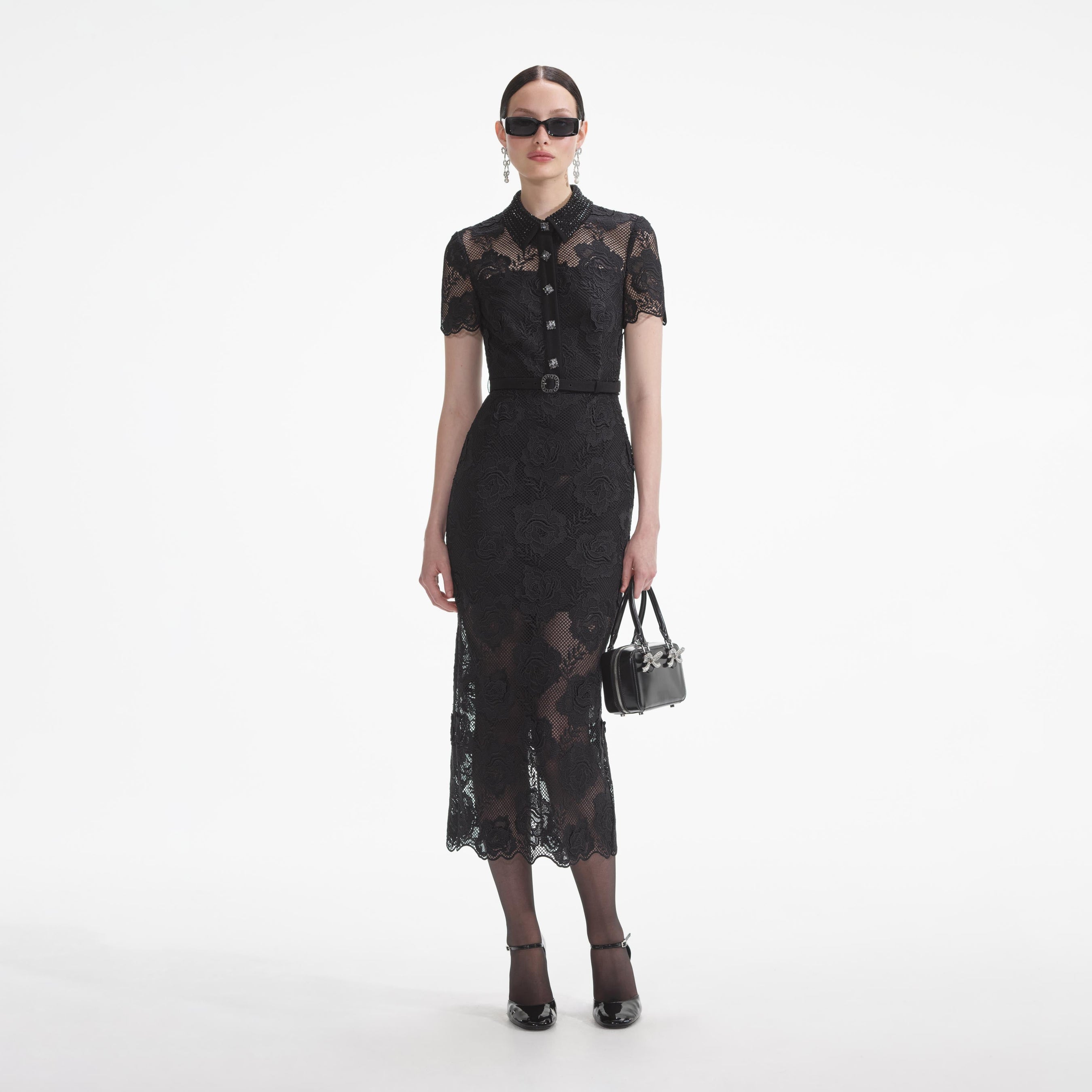 Black Lace Diamante Midi Dress