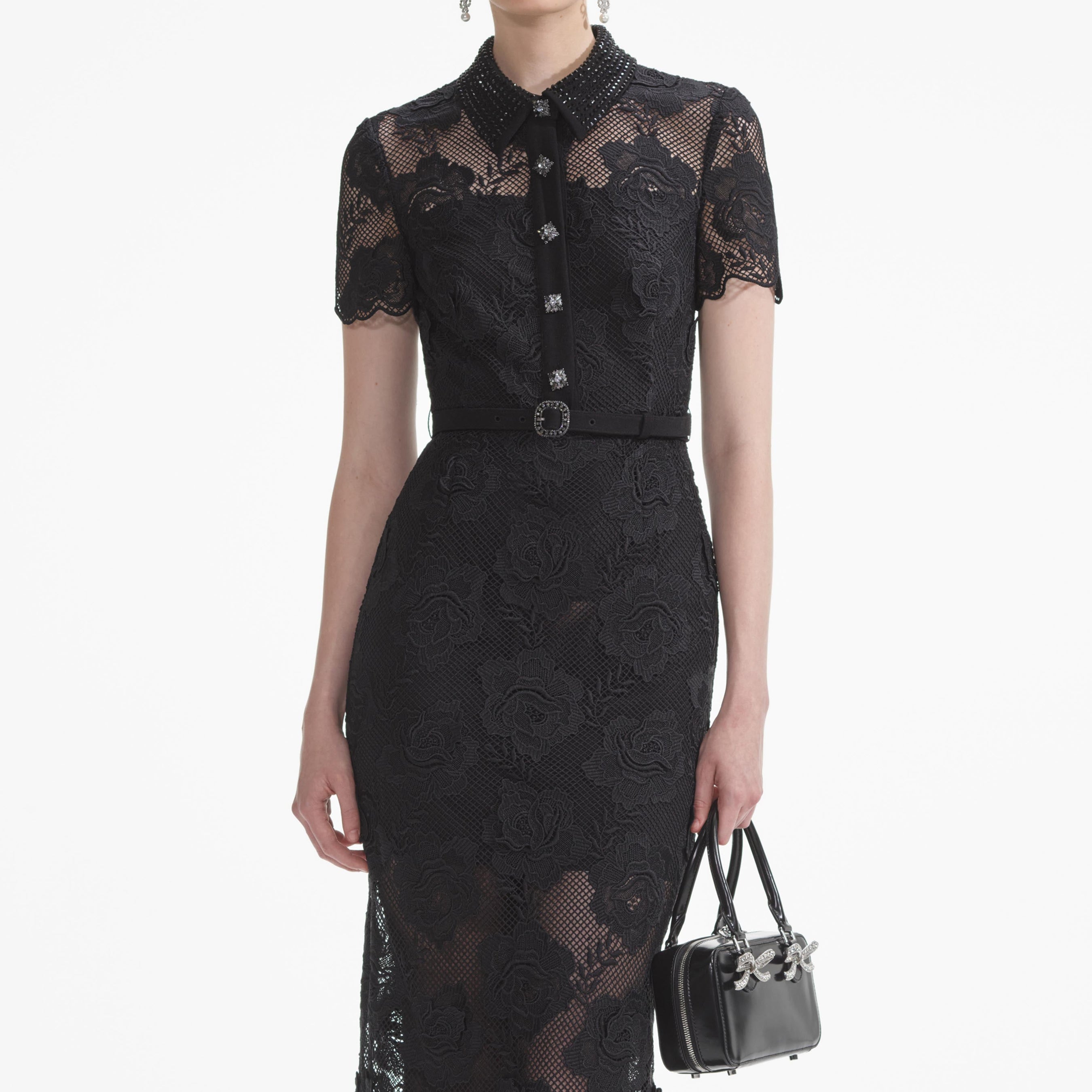 Black Lace Diamante Midi Dress