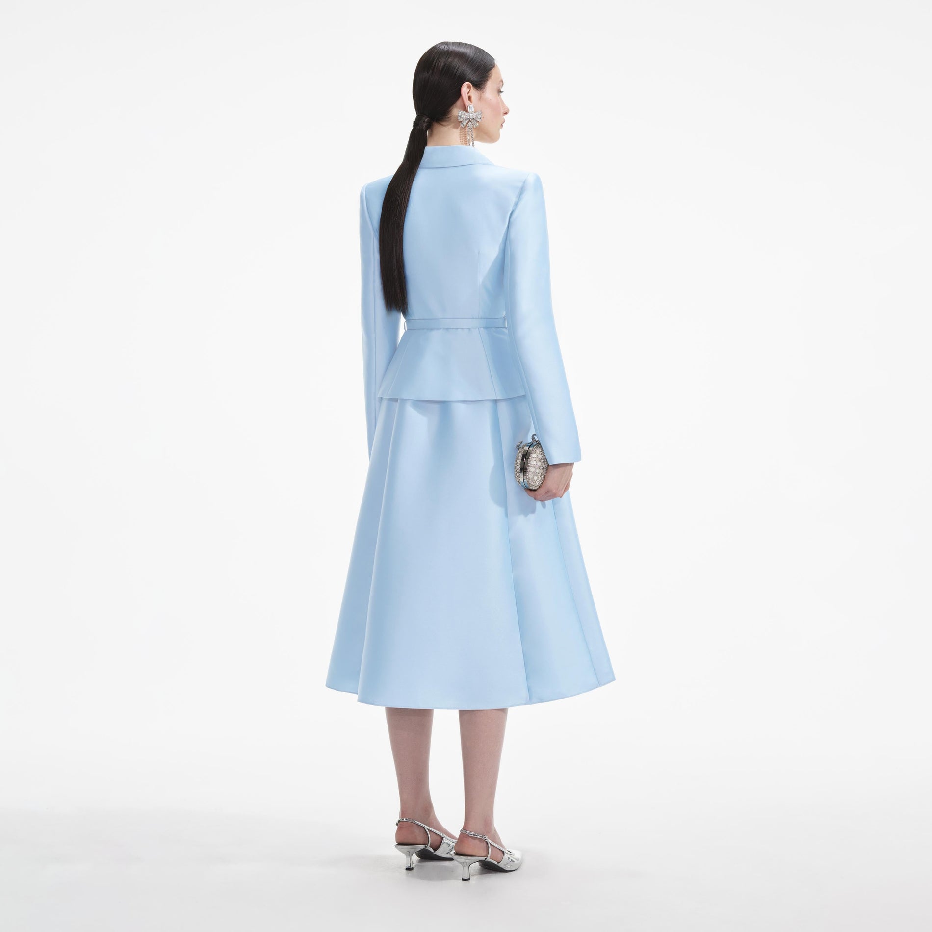 Back view of a woman wearing the White Blue Tailored Taffeta Midi Dress