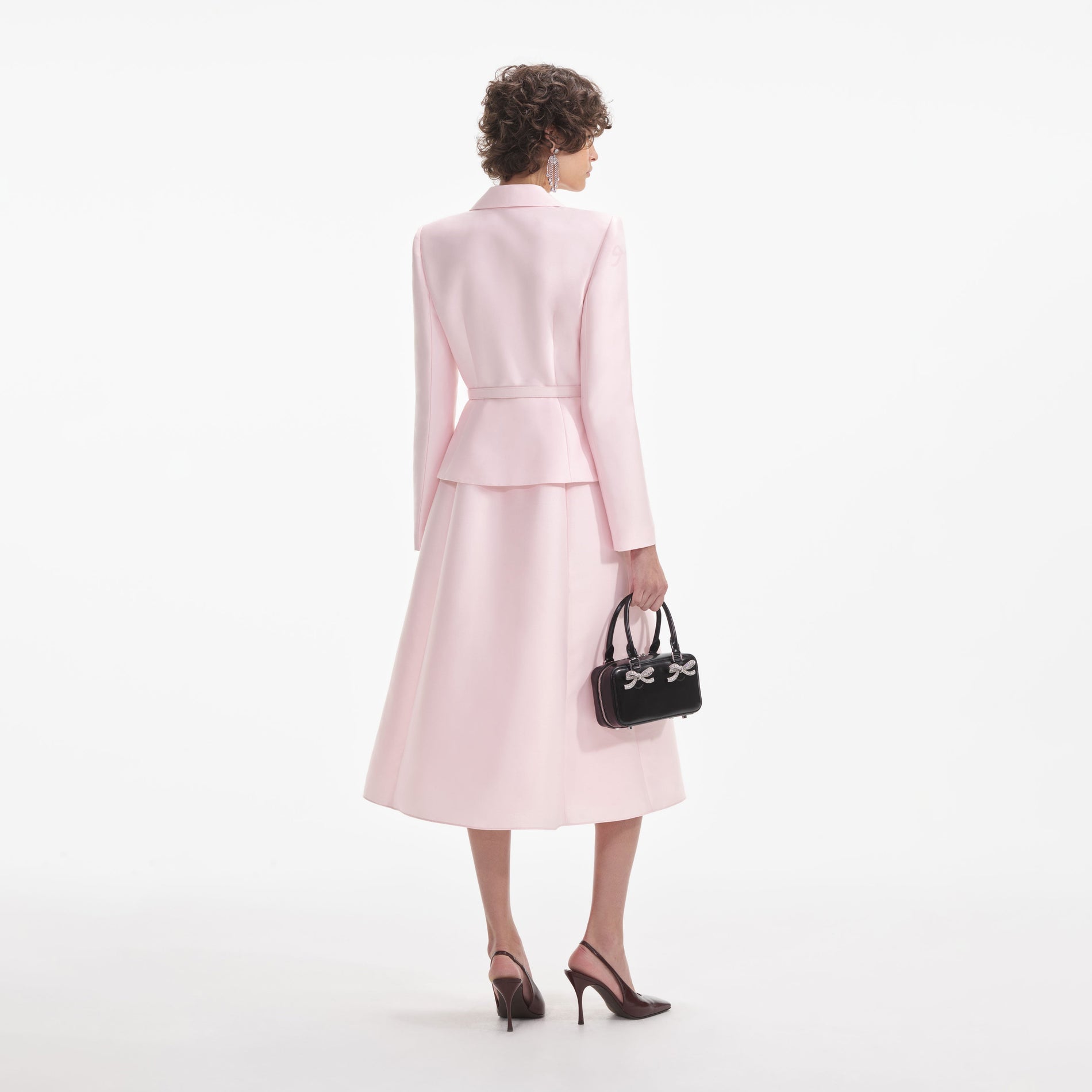 Back view of a woman wearing the White Pink Tailored Taffeta Midi Dress