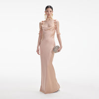 Rose Gold Satin Flower Maxi Dress