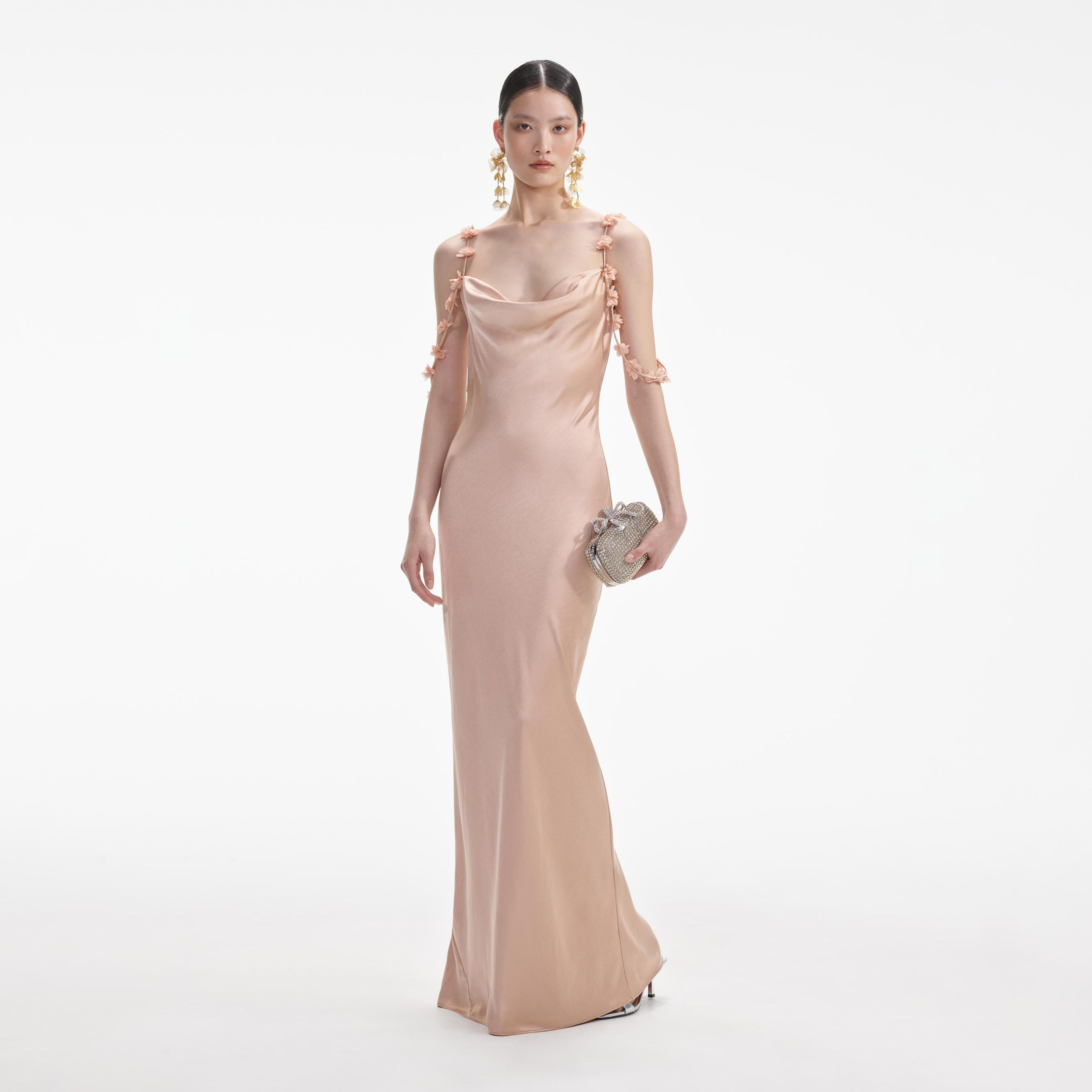 Rose Gold Satin Flower Maxi Dress