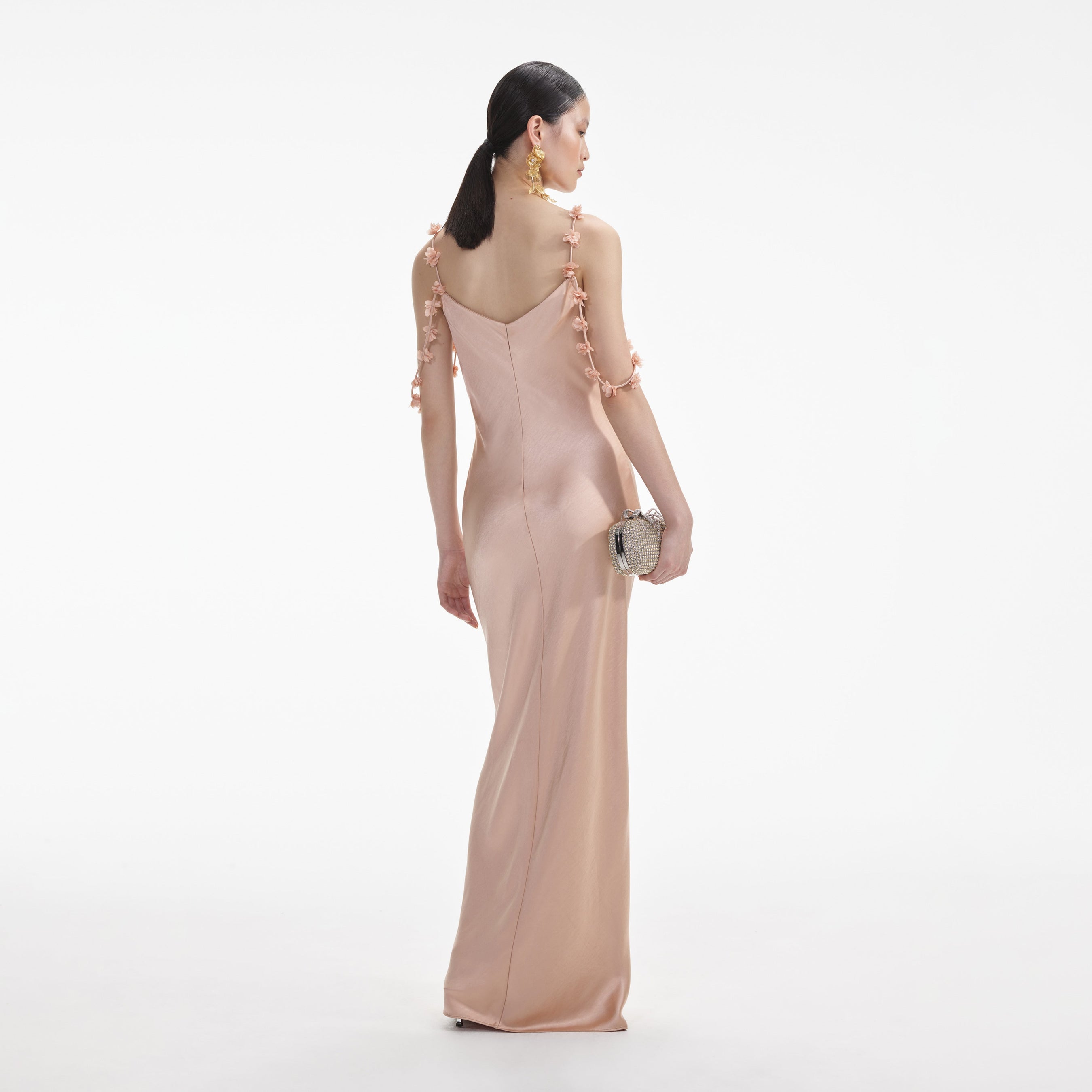 Rose Gold Satin Flower Maxi Dress