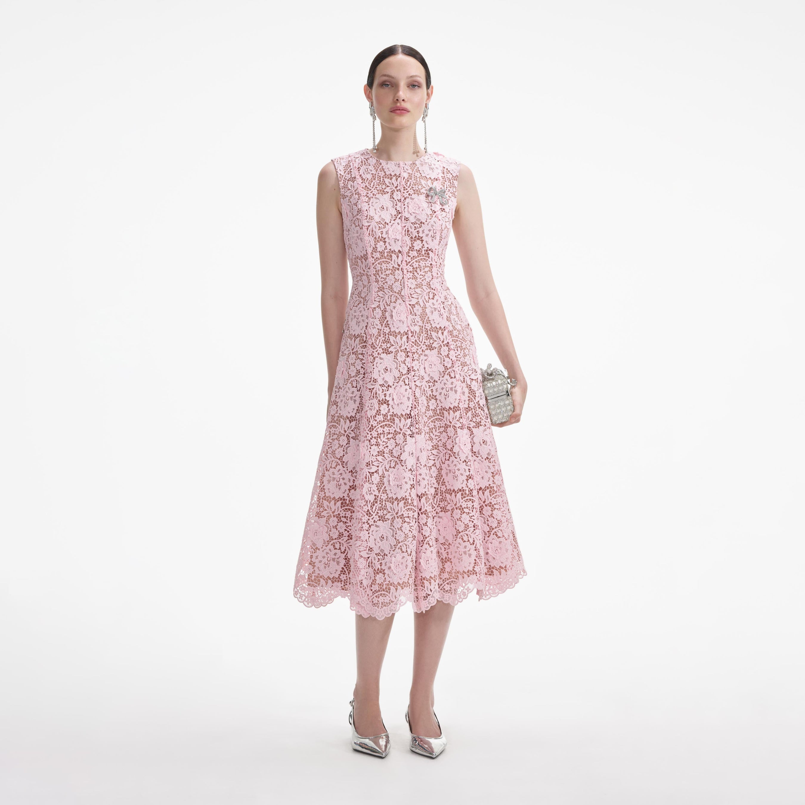 Pink Flower Lace Midi Dress