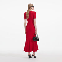 Red Pointelle Knit Midi Dress