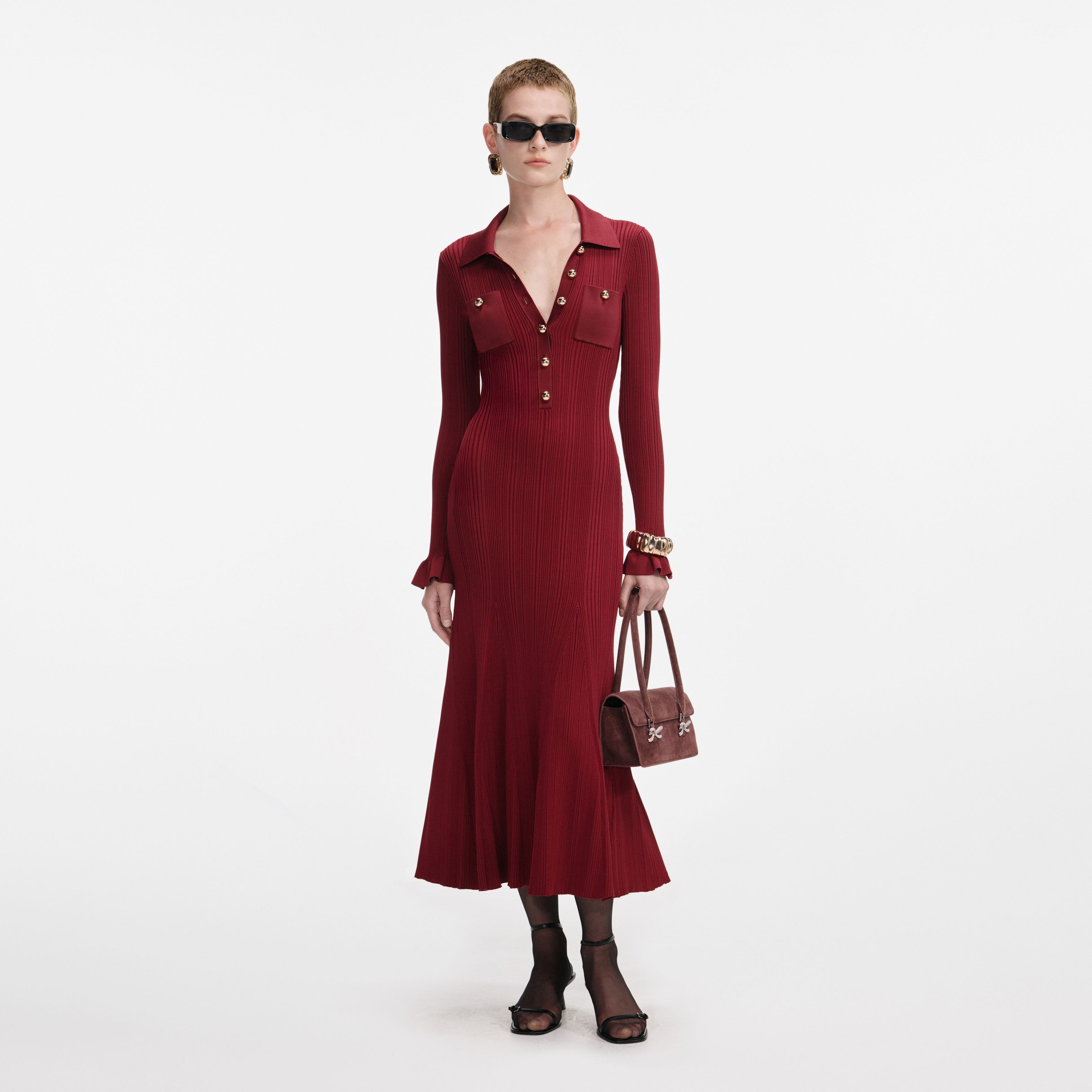 Burgundy Ribbed Knit Midi Dress