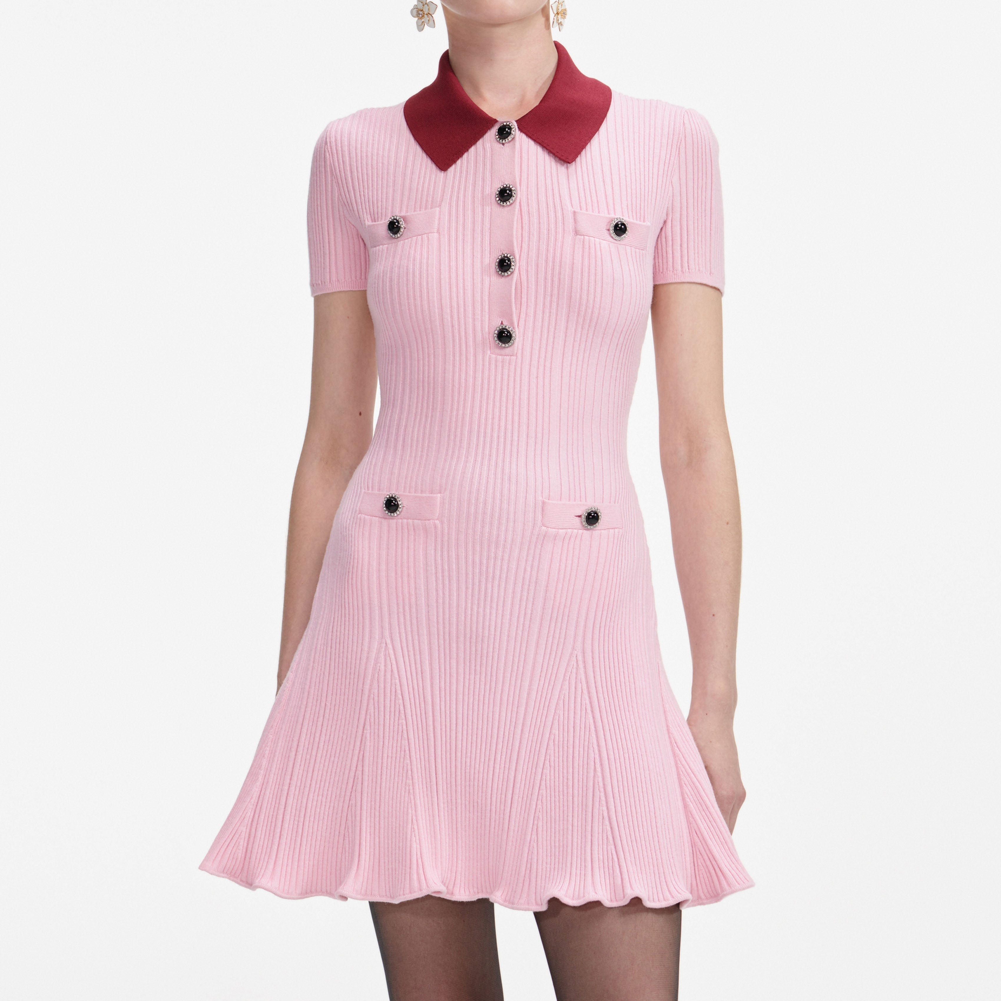 Pink Contrast Collar Knit Mini Dress