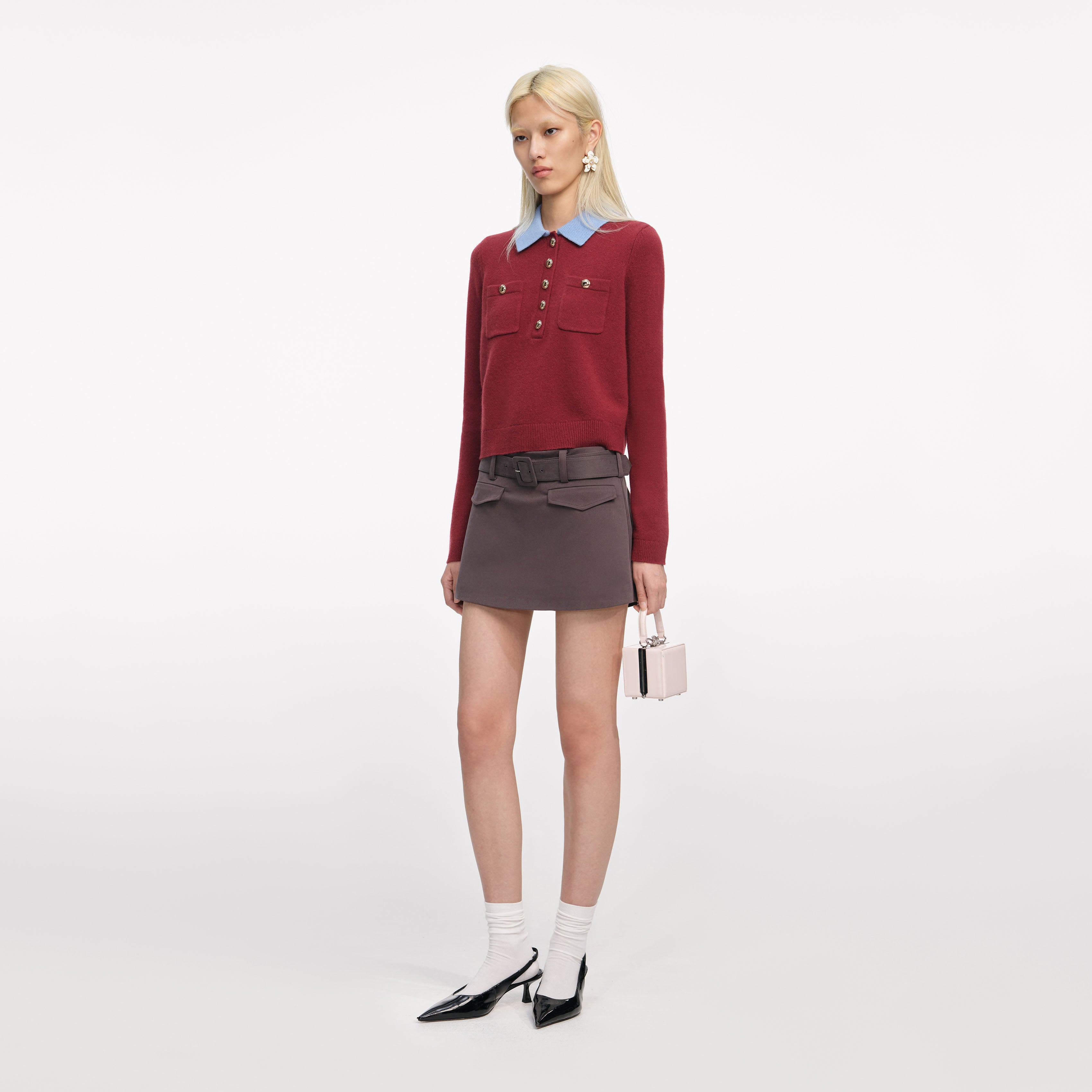 Burgundy Contrast Collar Knit Top