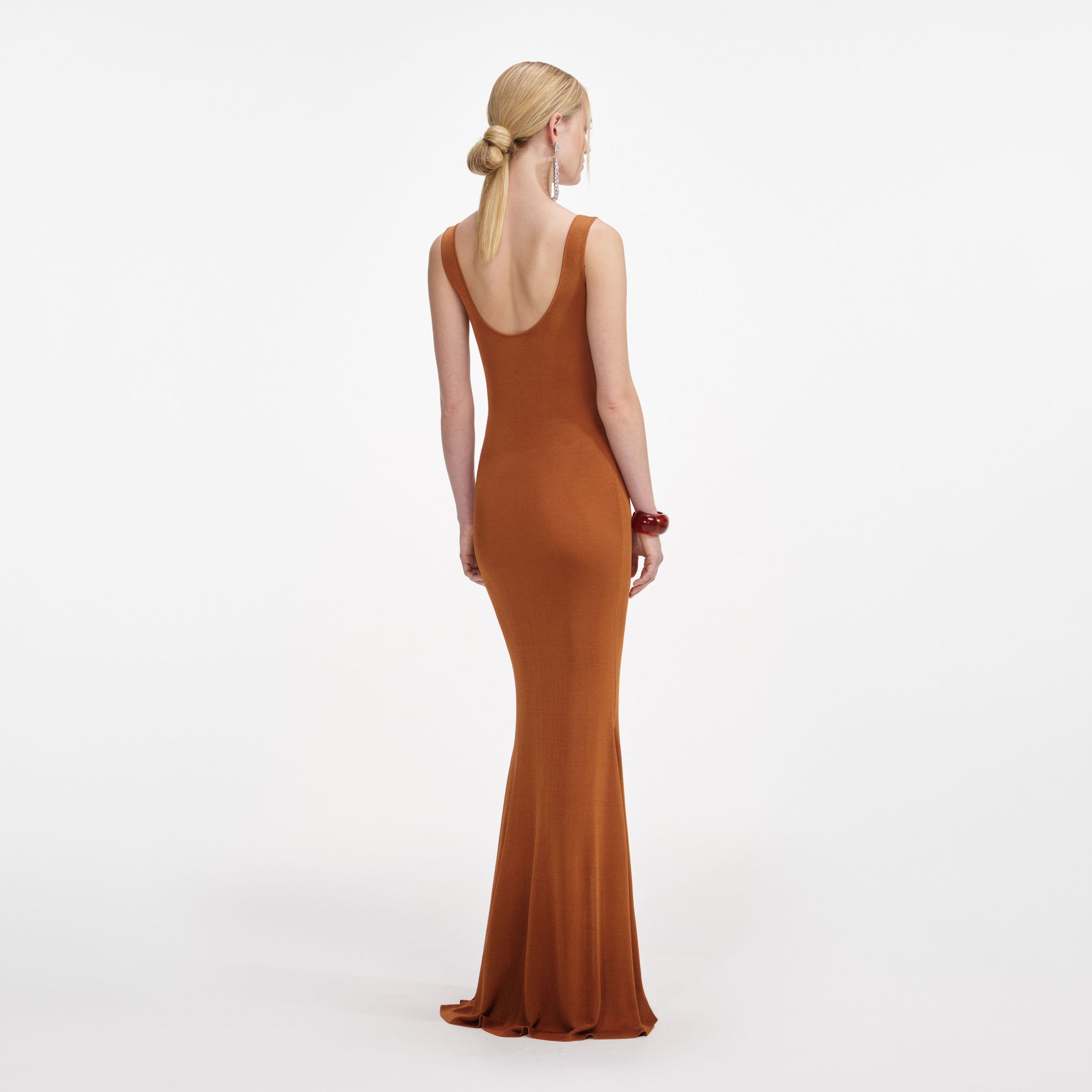 Back view of a woman wearing the Brown Racer Back Viscose Knit Maxi Dress