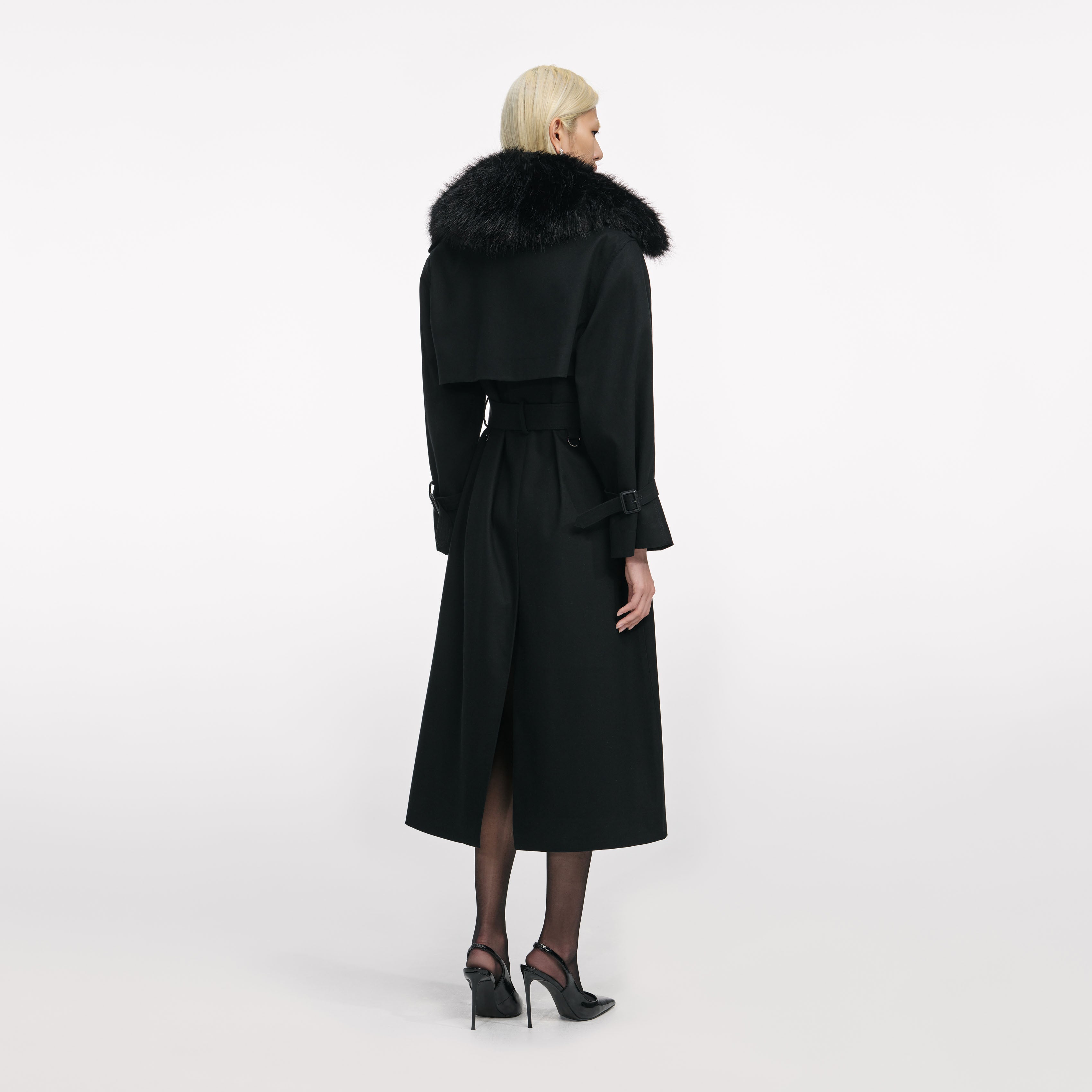 Black Twill Fur Collar Trench Coat