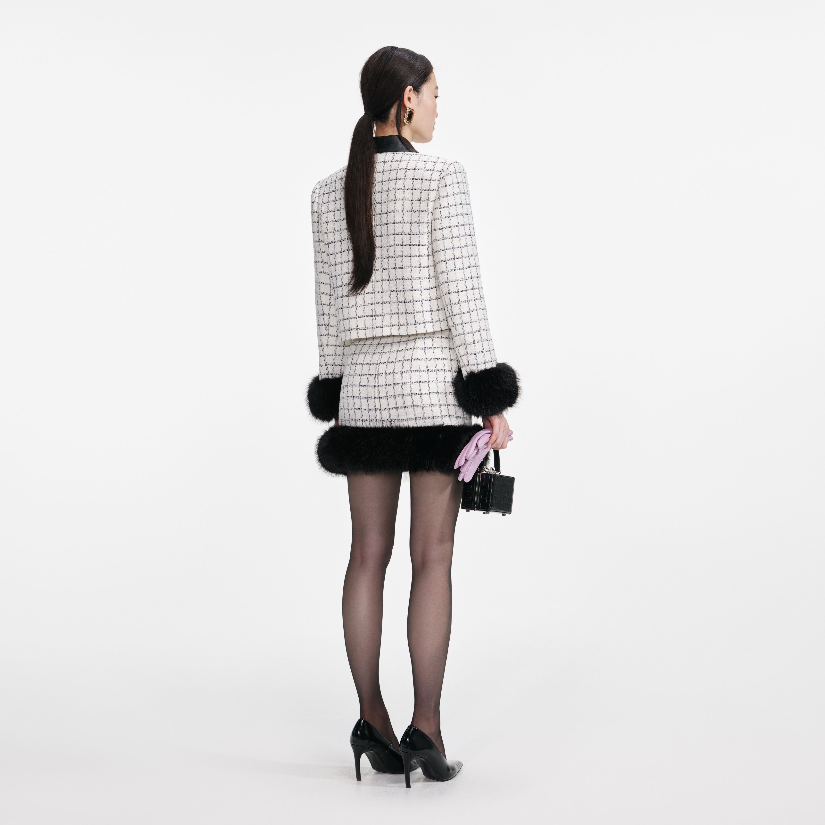 Check Boucle Fur Cuff Jacket
