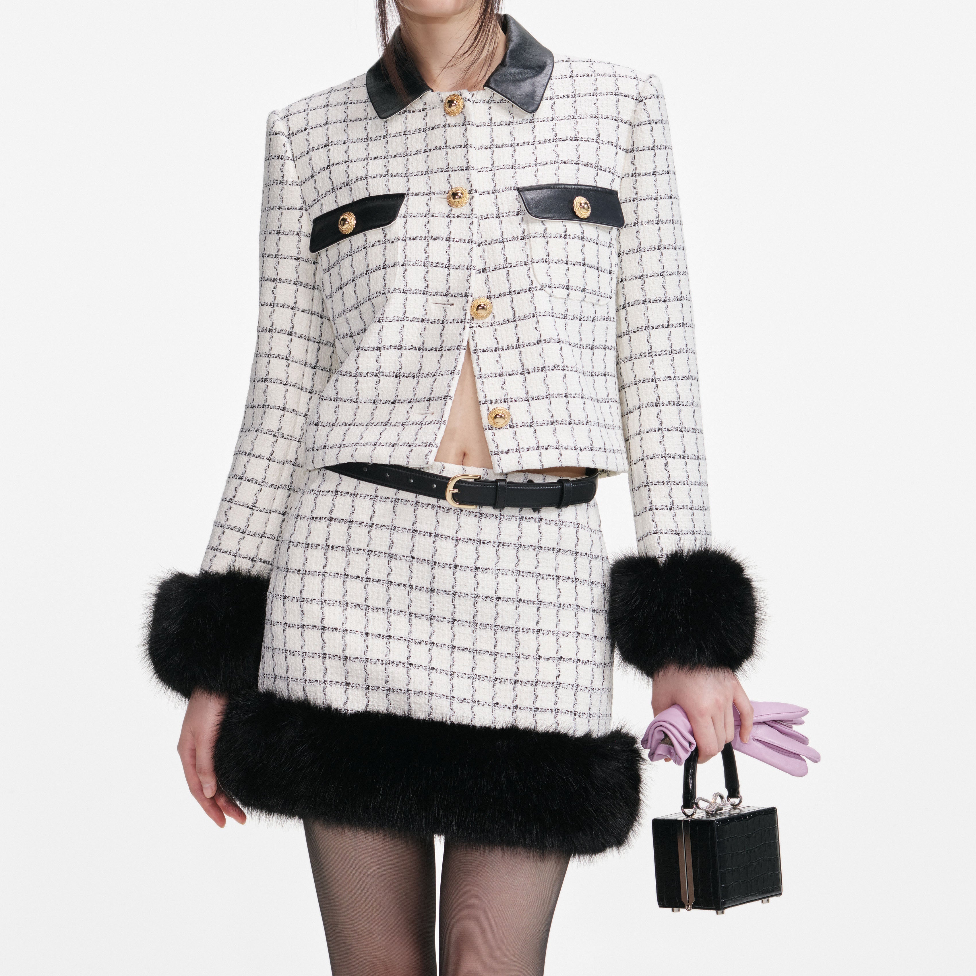 Check Boucle Fur Hem Mini Skirt