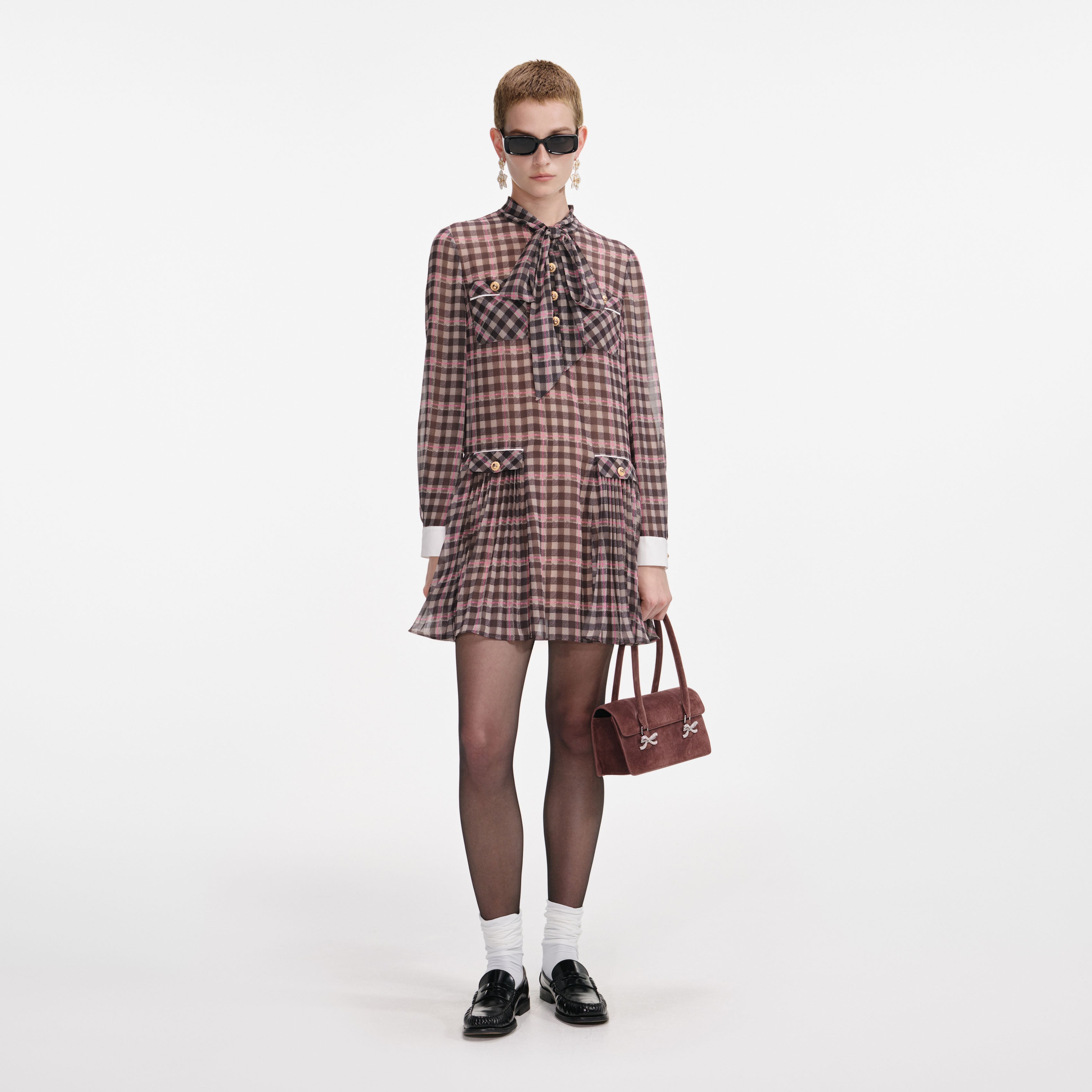 Brown Check Chiffon Mini Dress