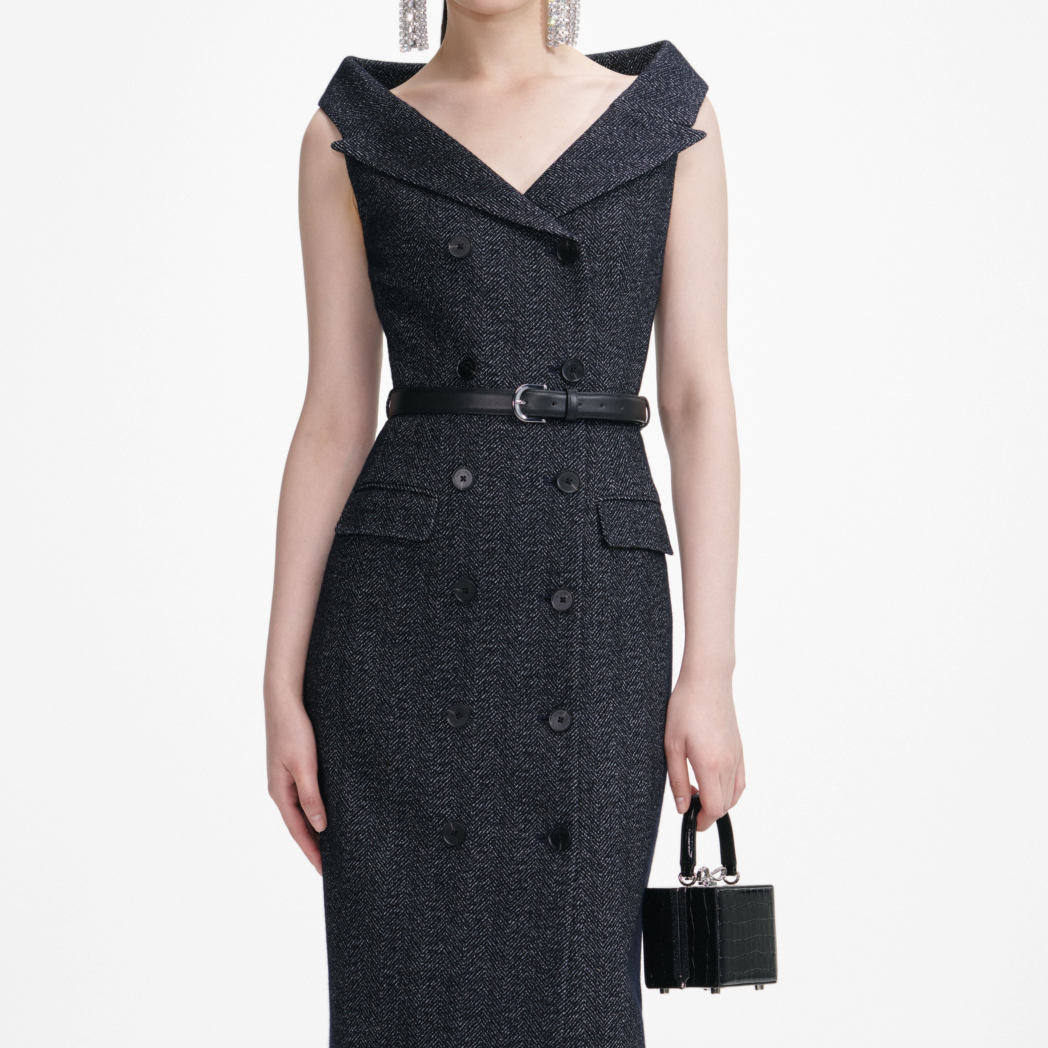 Navy Herringbone Wool Midi Dress