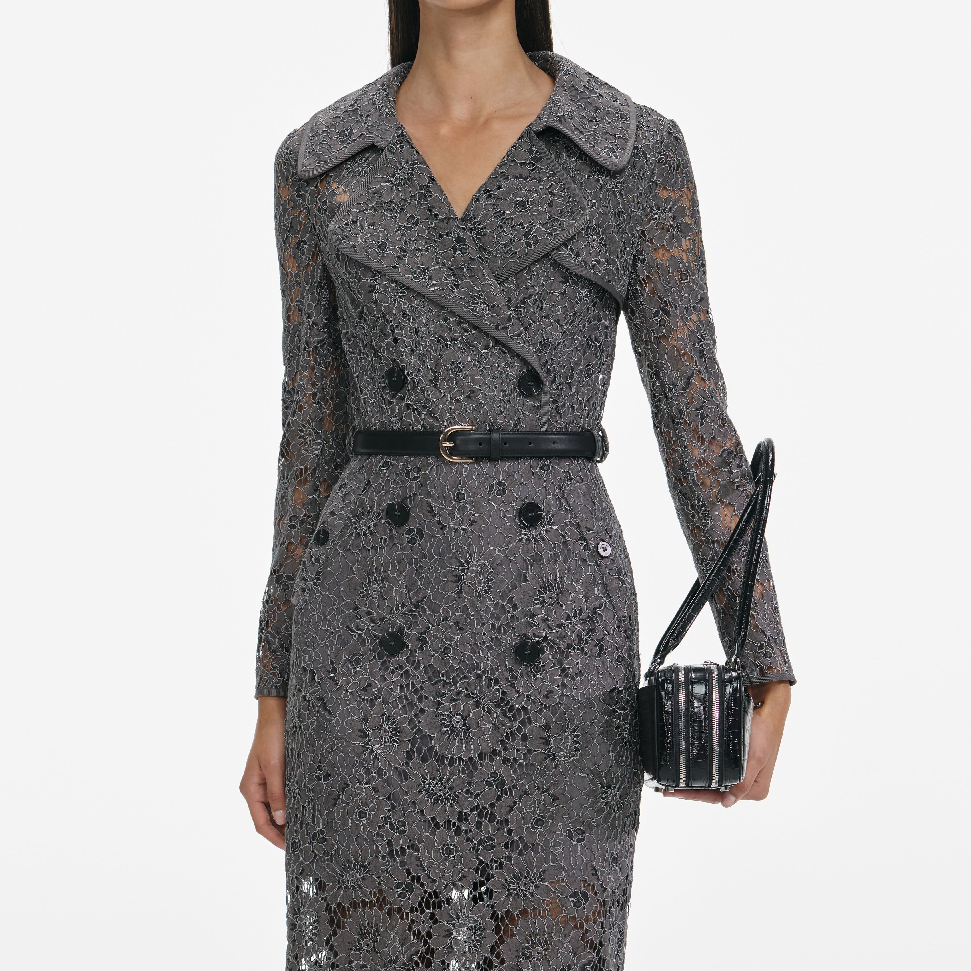Grey Floral Lace Midi Dress
