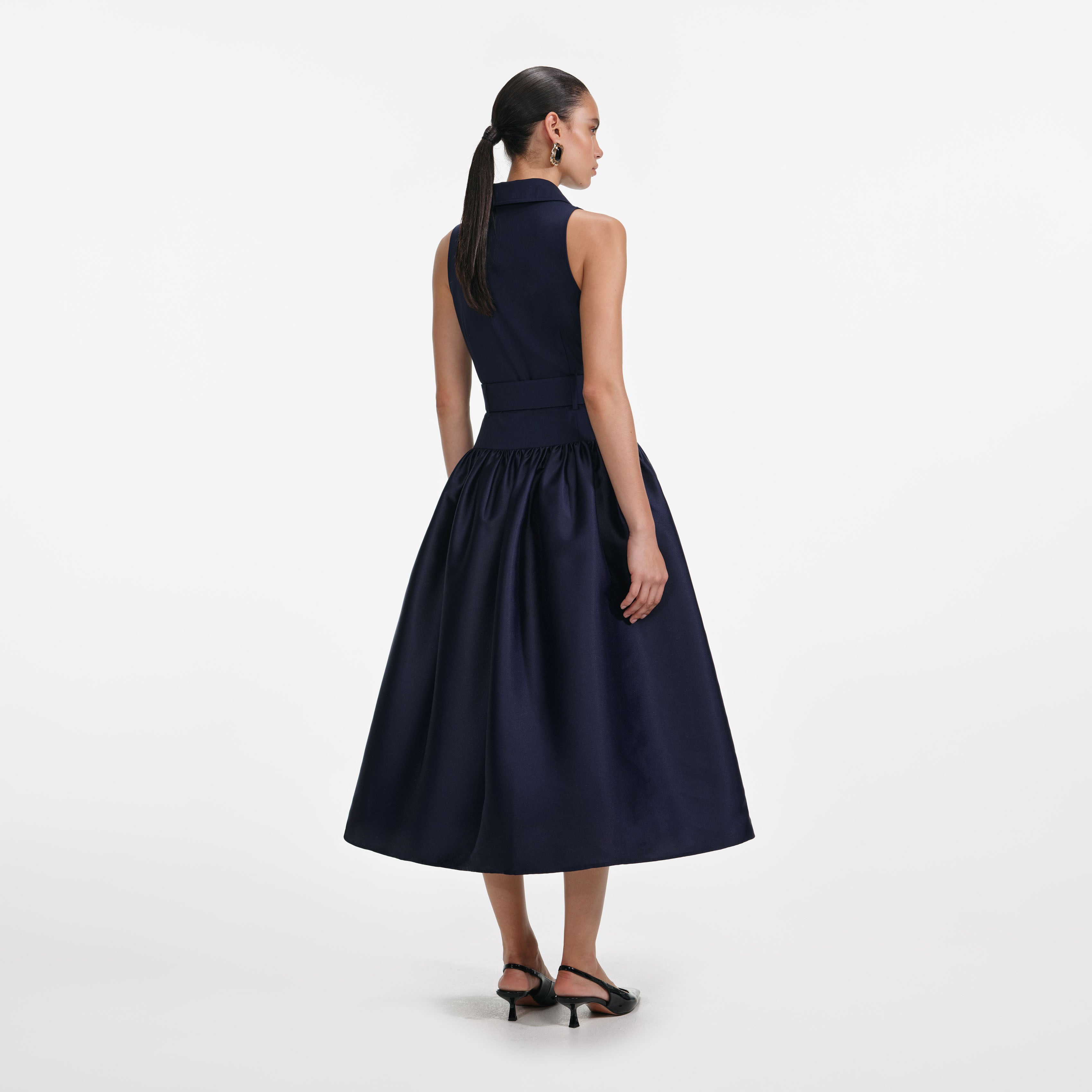 Navy Belted Twill Midi Dress