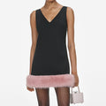 Black Crepe Fur Hem Mini Dress