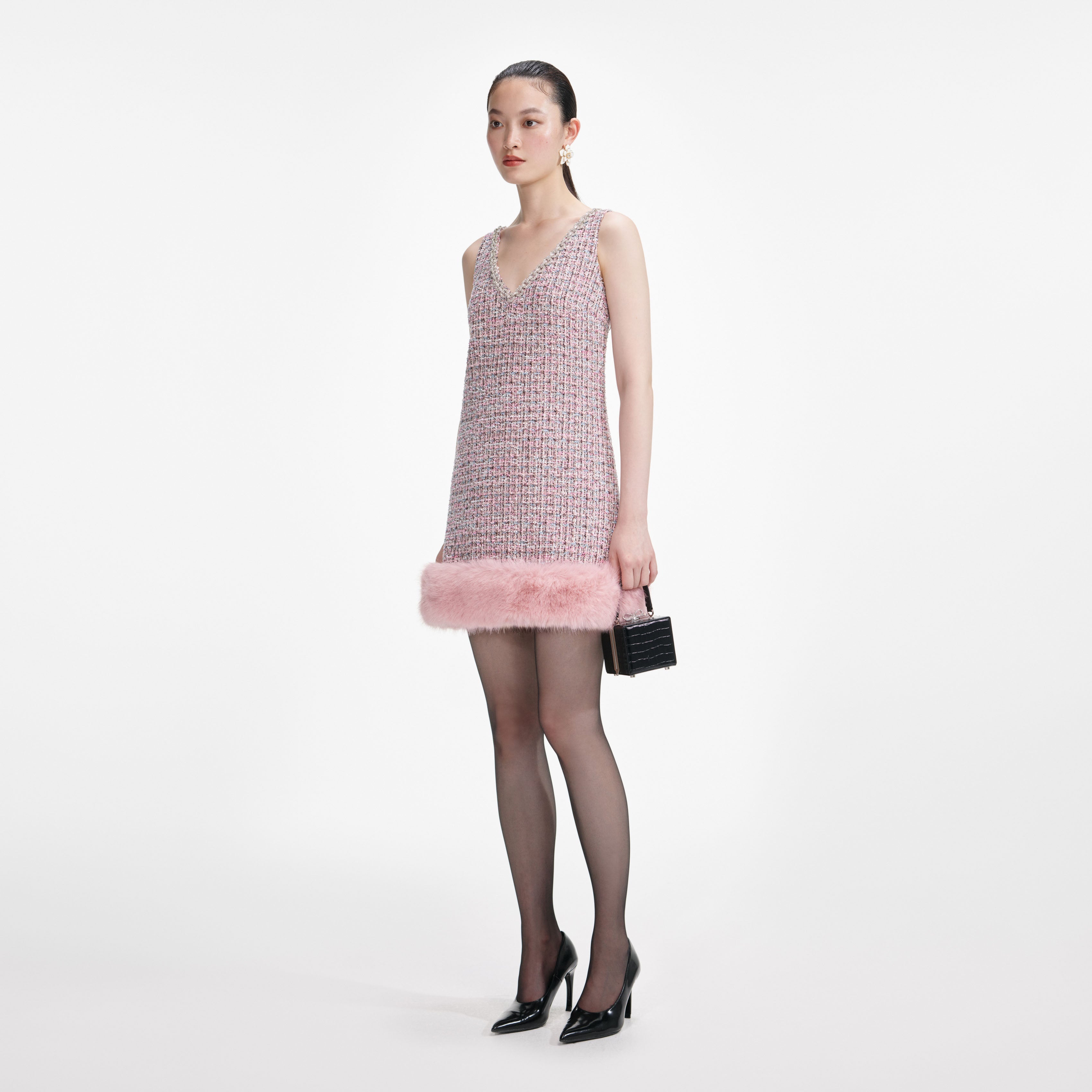 Pink Boucle Fur Hem Mini Dress