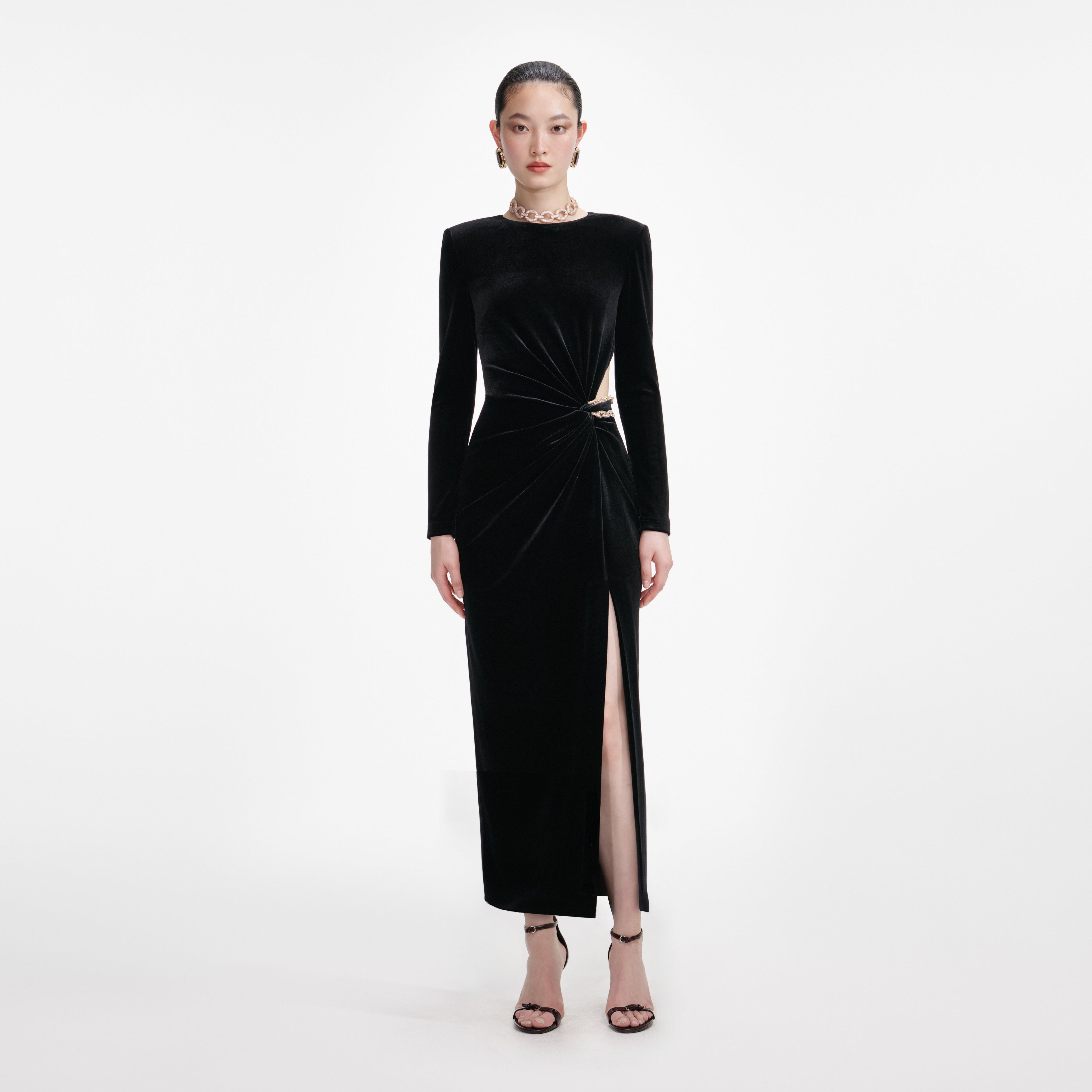Black Velvet Embellished Midi Dress