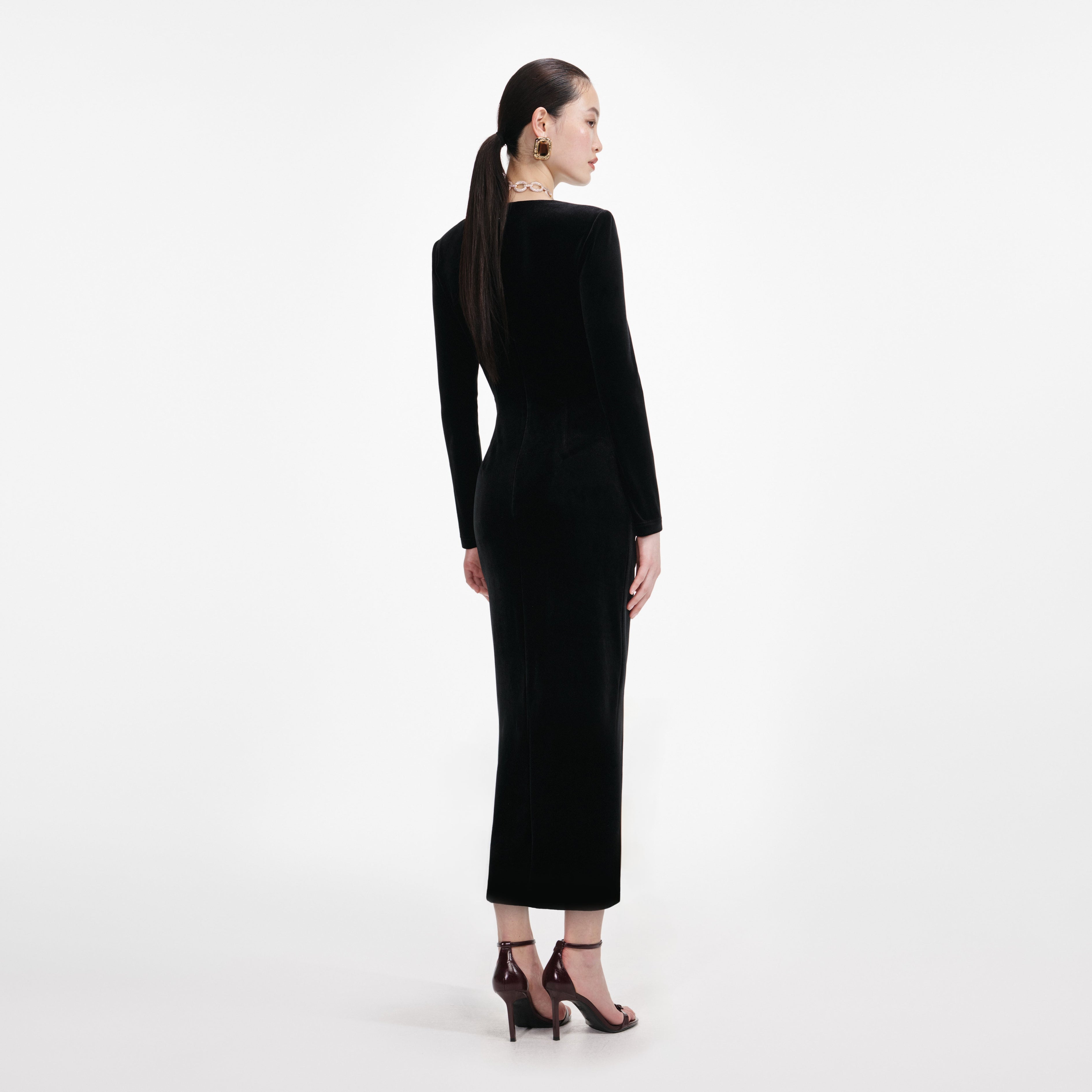 Black Velvet Embellished Midi Dress