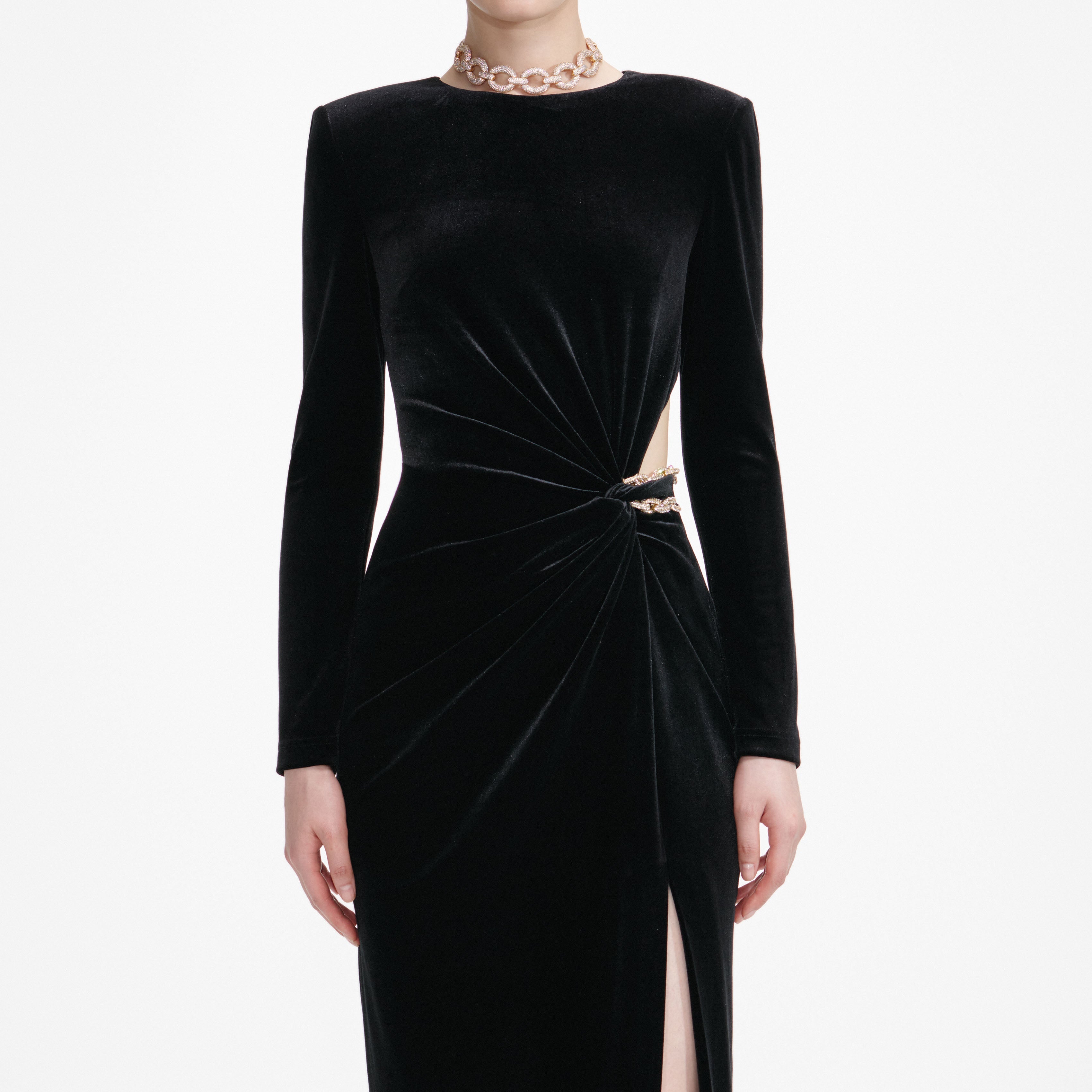 Black Velvet Embellished Midi Dress