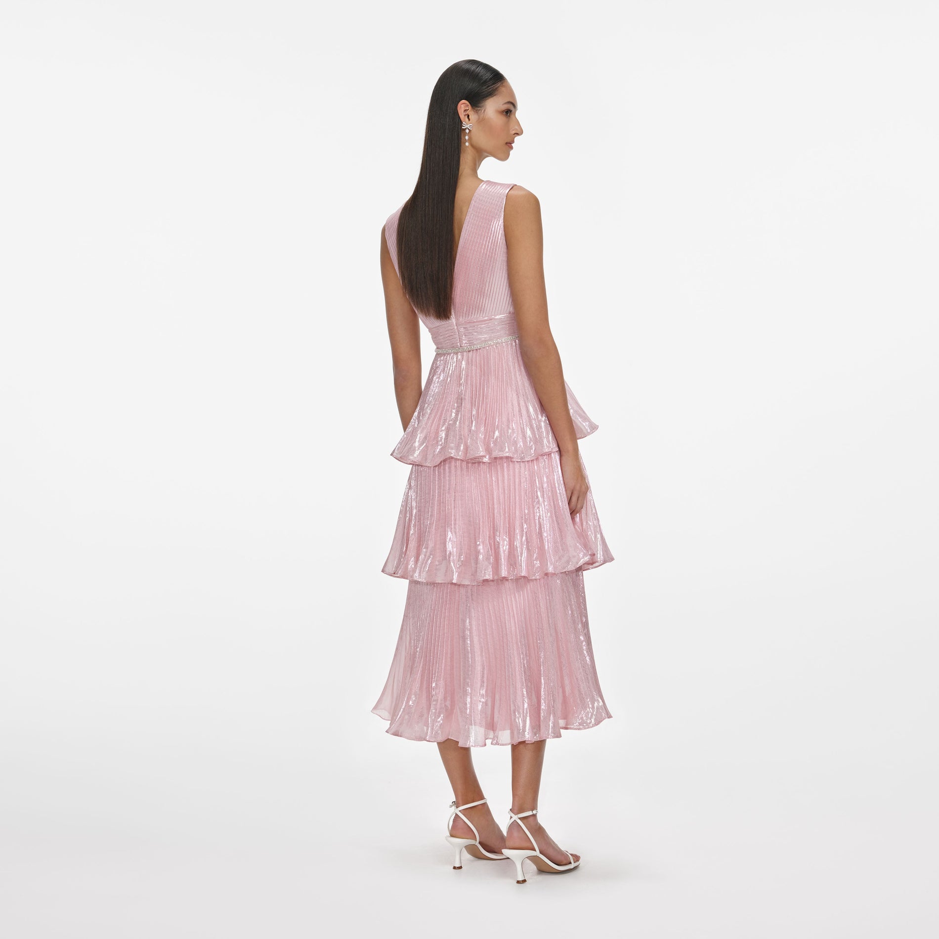 Back view of a woman wearing the Pink Metallic Tiered Midi Dress