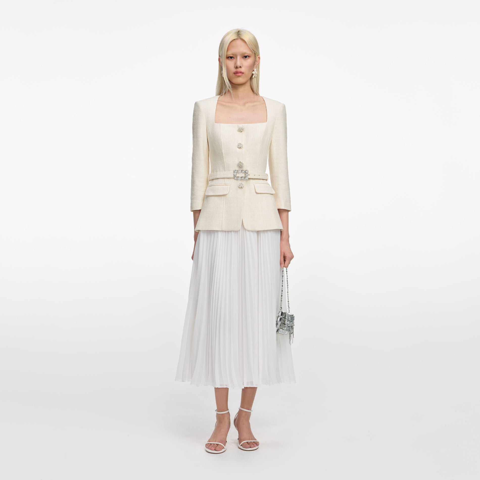 Cream Boucle Long Sleeve Chiffon Midi Dress